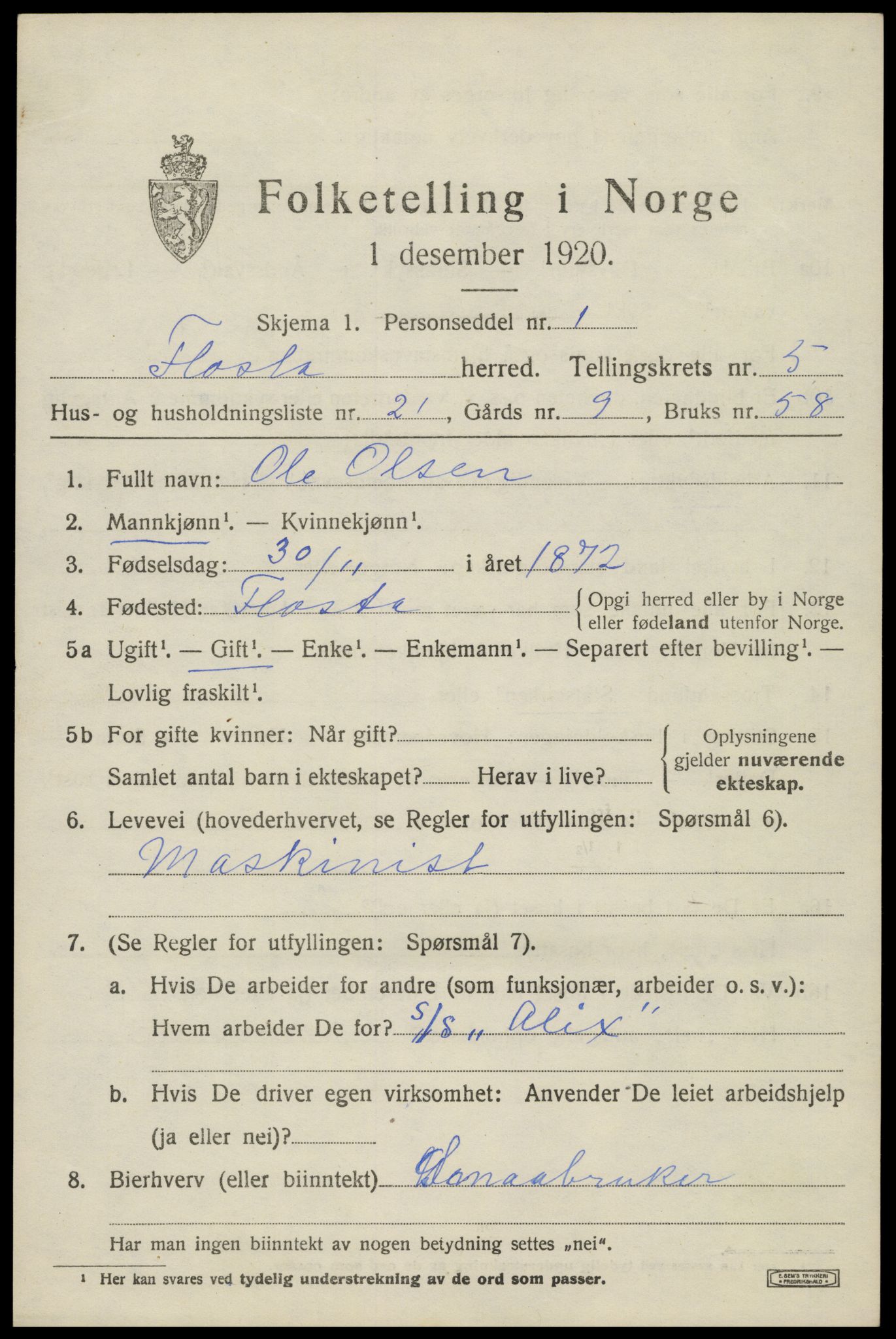 SAK, 1920 census for Flosta, 1920, p. 2982