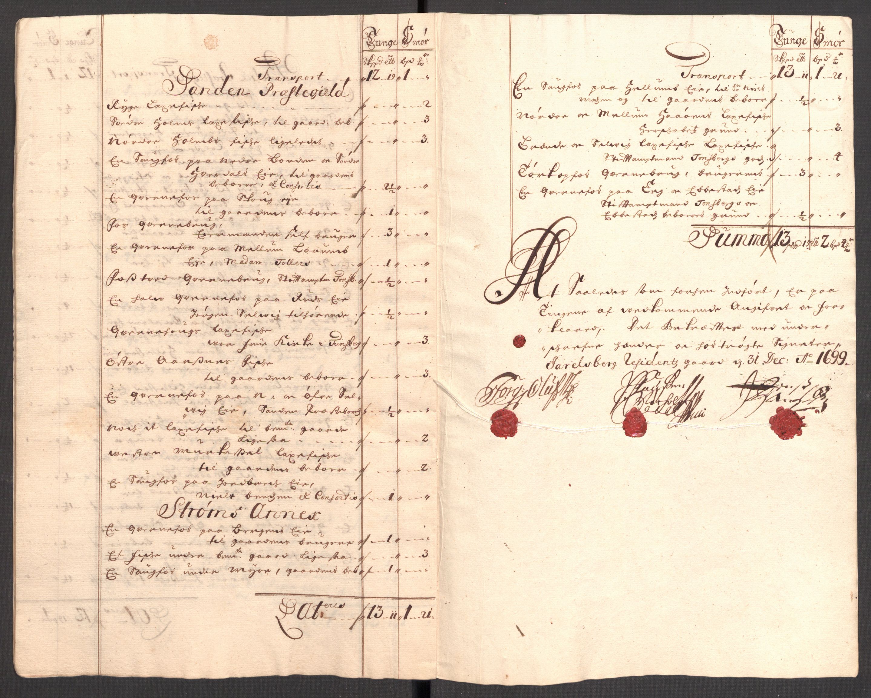 Rentekammeret inntil 1814, Reviderte regnskaper, Fogderegnskap, AV/RA-EA-4092/R32/L1868: Fogderegnskap Jarlsberg grevskap, 1697-1699, p. 368