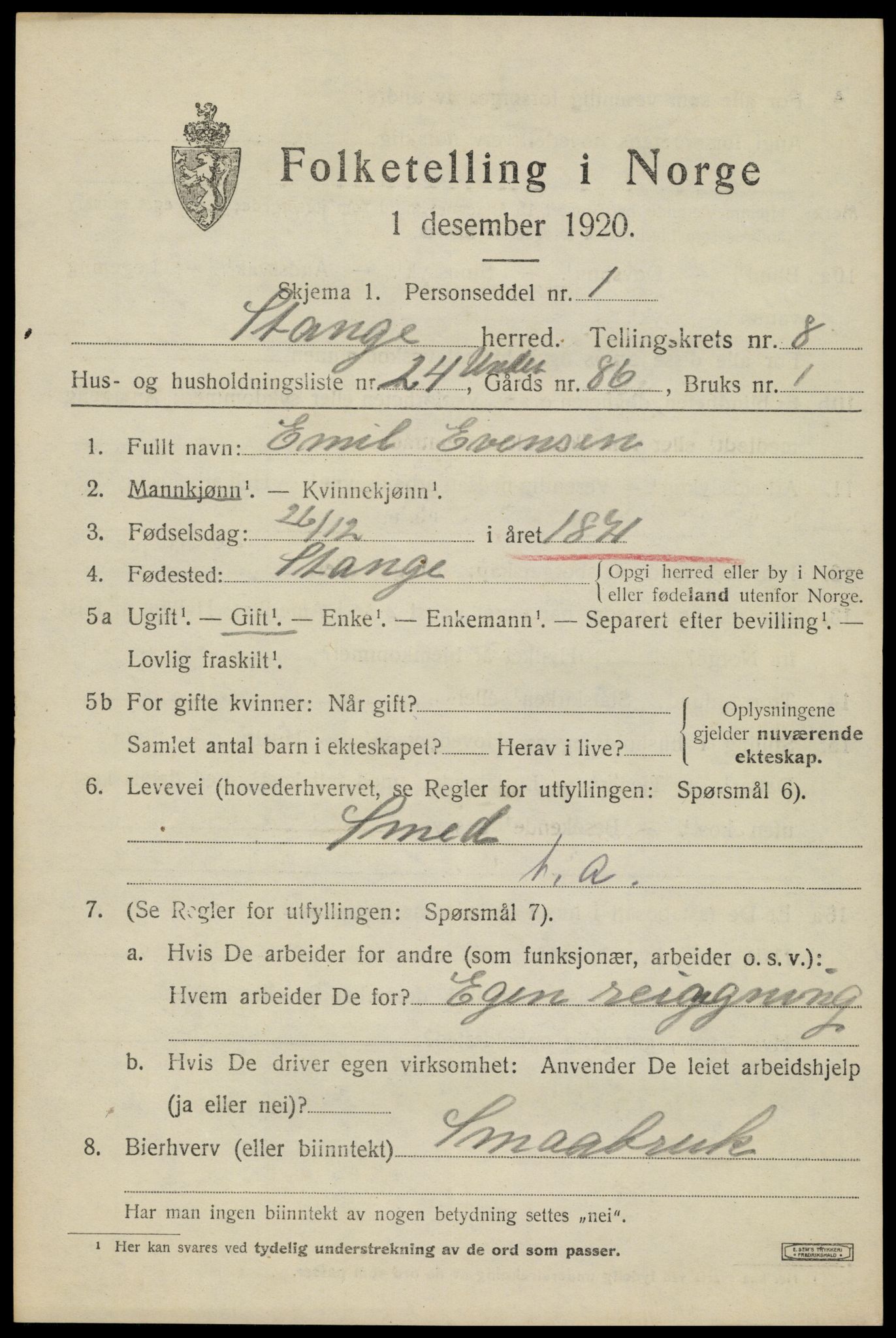 SAH, 1920 census for Stange, 1920, p. 13803