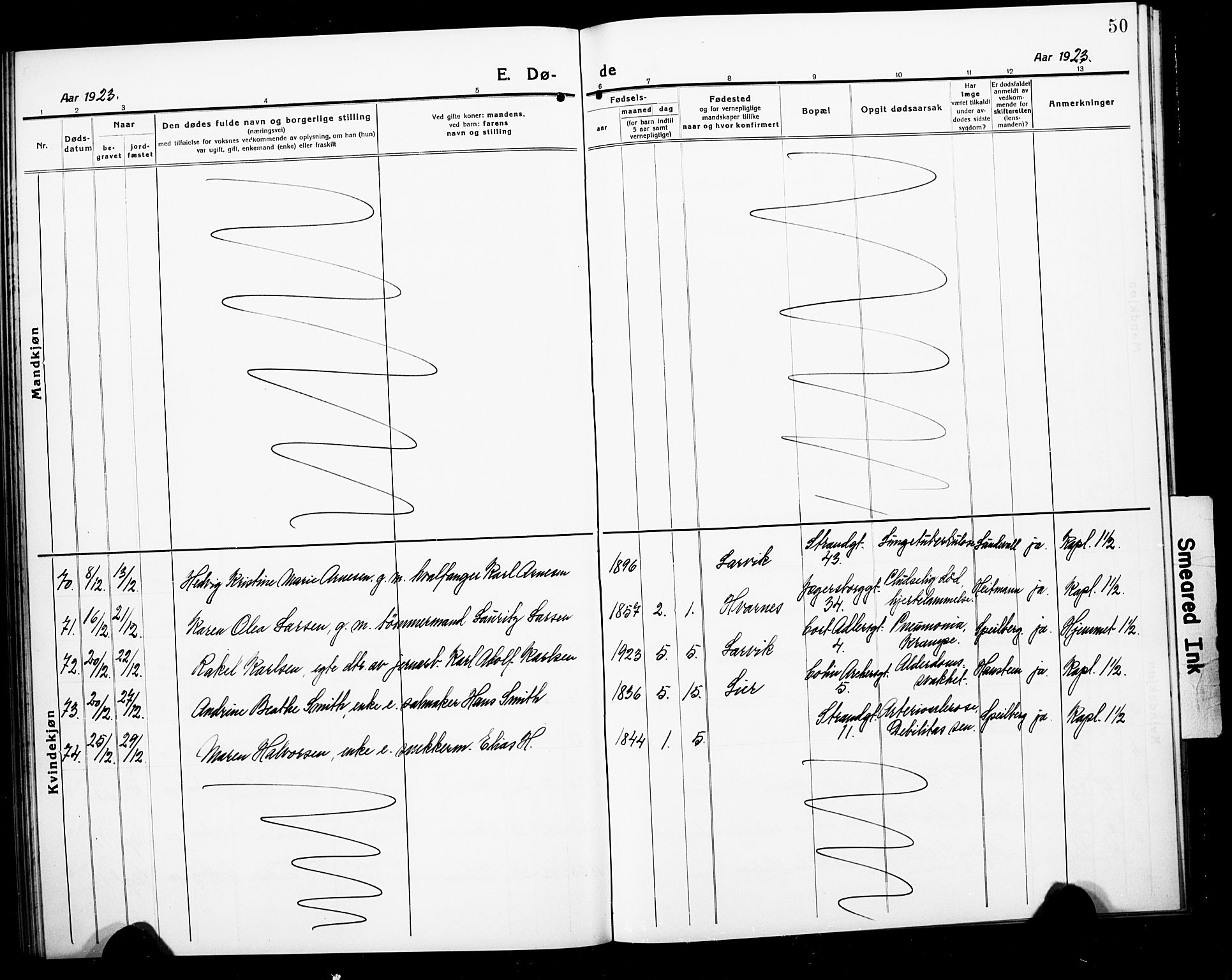 Larvik kirkebøker, SAKO/A-352/G/Ga/L0010: Parish register (copy) no. I 10, 1919-1926, p. 50