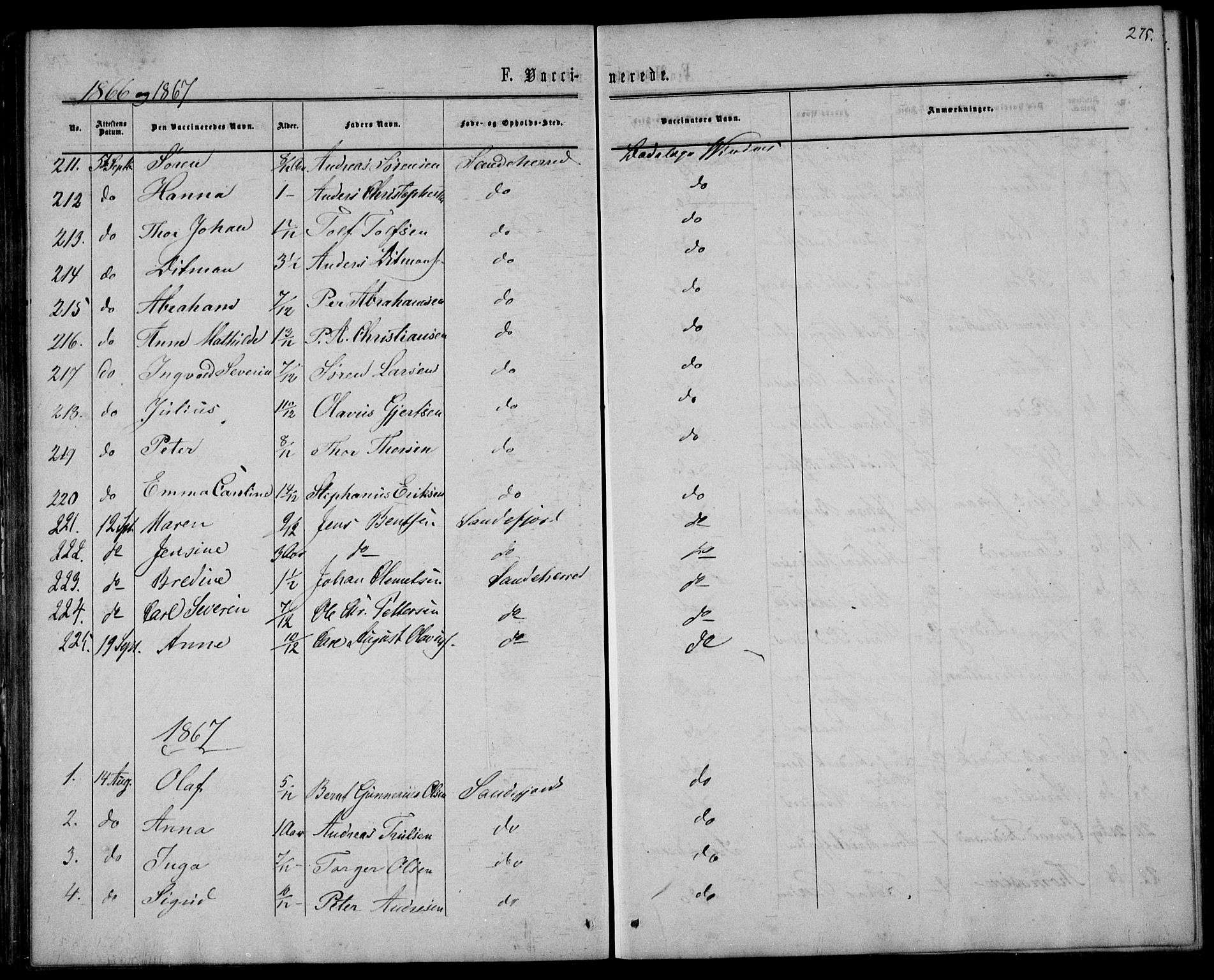 Sandar kirkebøker, SAKO/A-243/F/Fa/L0009: Parish register (official) no. 9, 1862-1871, p. 275