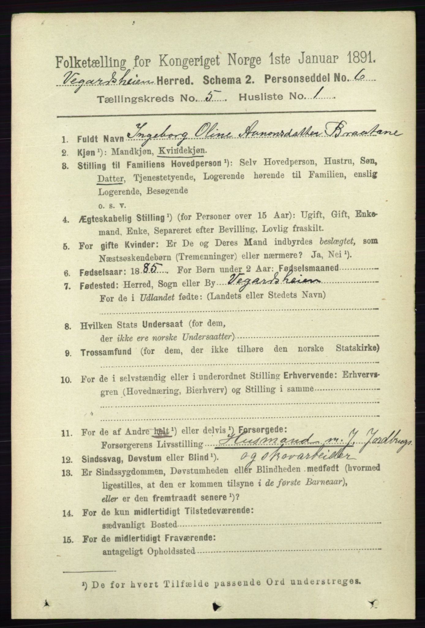 RA, 1891 census for 0912 Vegårshei, 1891, p. 974