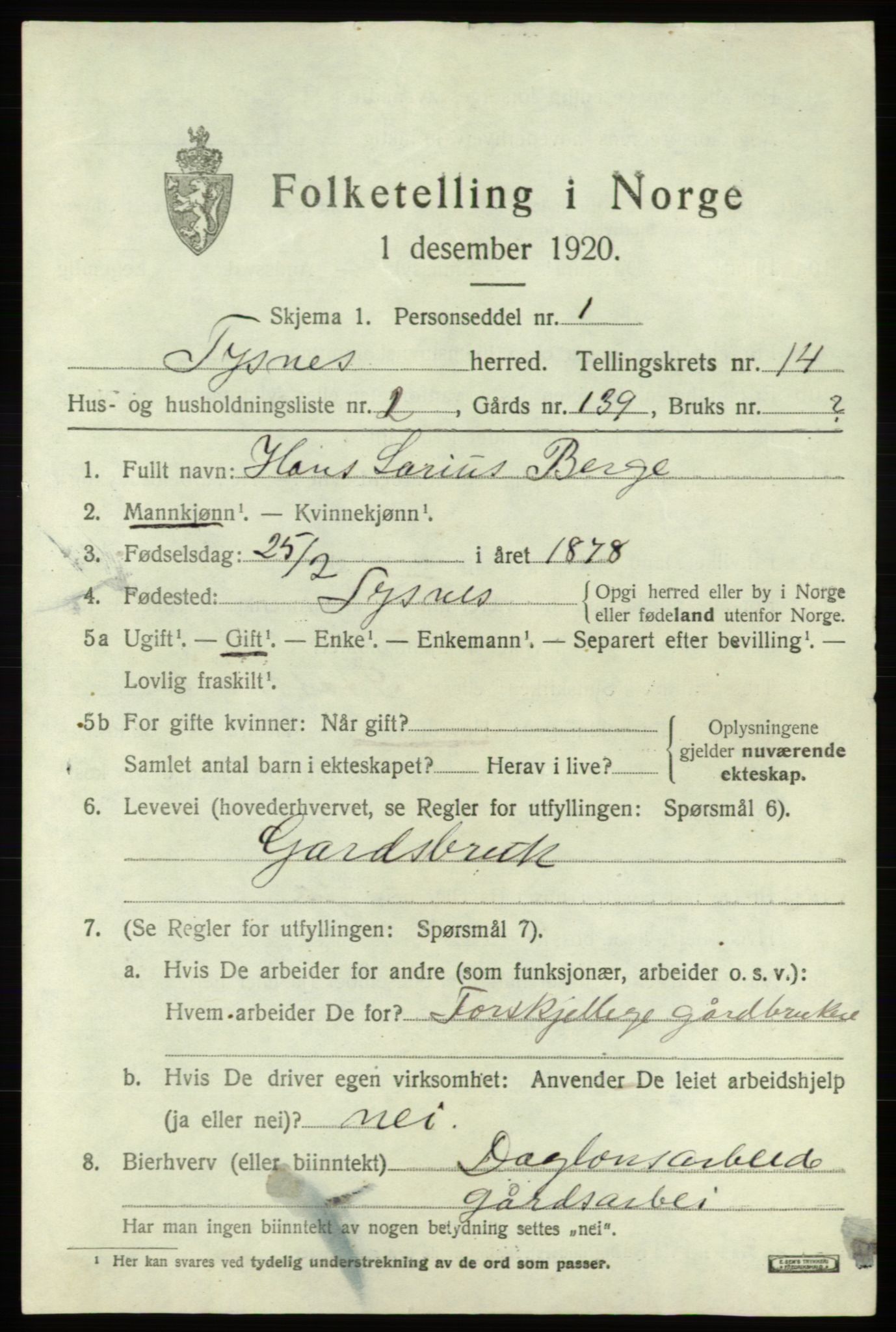 SAB, 1920 census for Tysnes, 1920, p. 9338