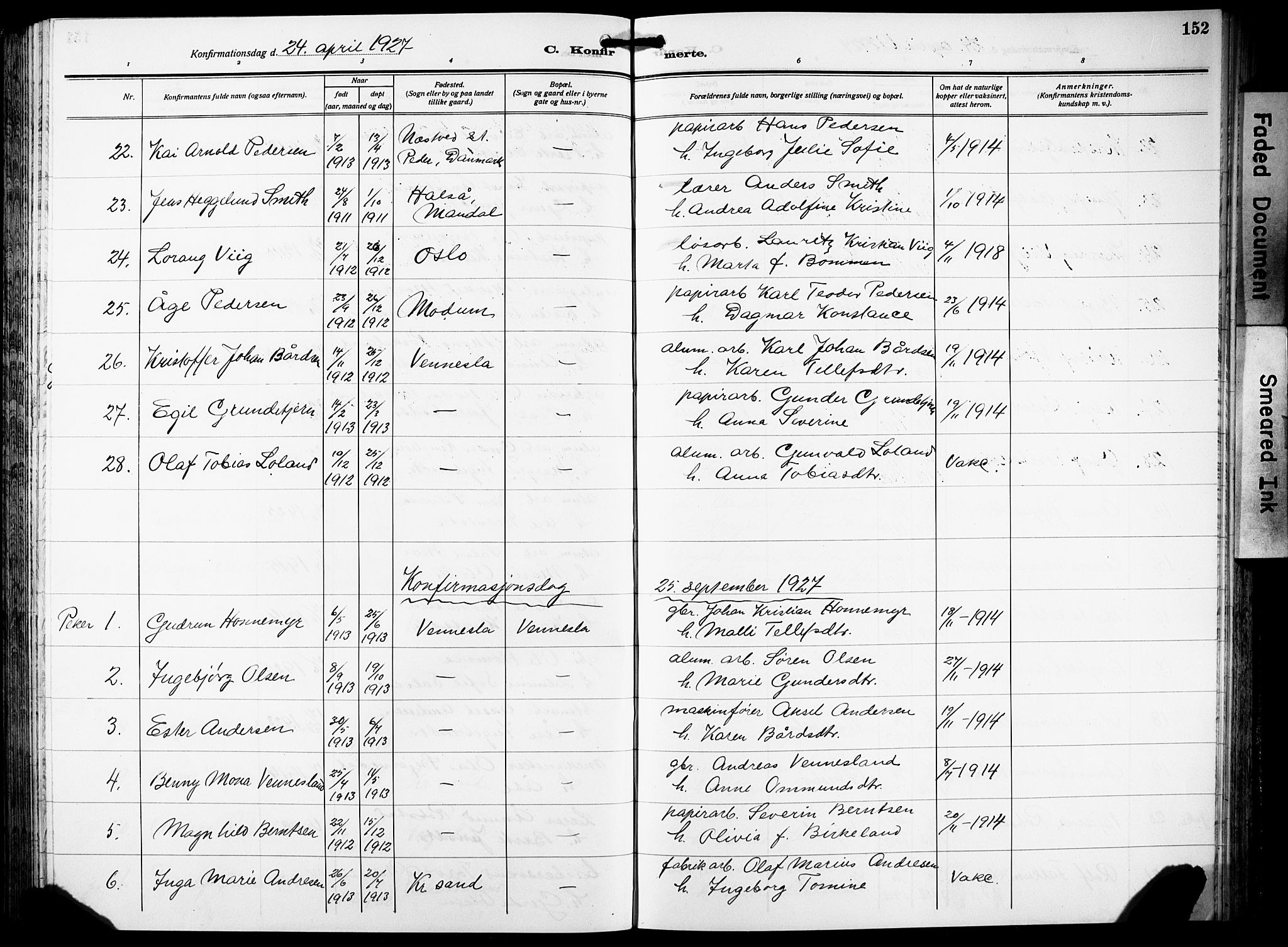 Vennesla sokneprestkontor, AV/SAK-1111-0045/Fb/Fbb/L0007: Parish register (copy) no. B 7, 1922-1933, p. 152