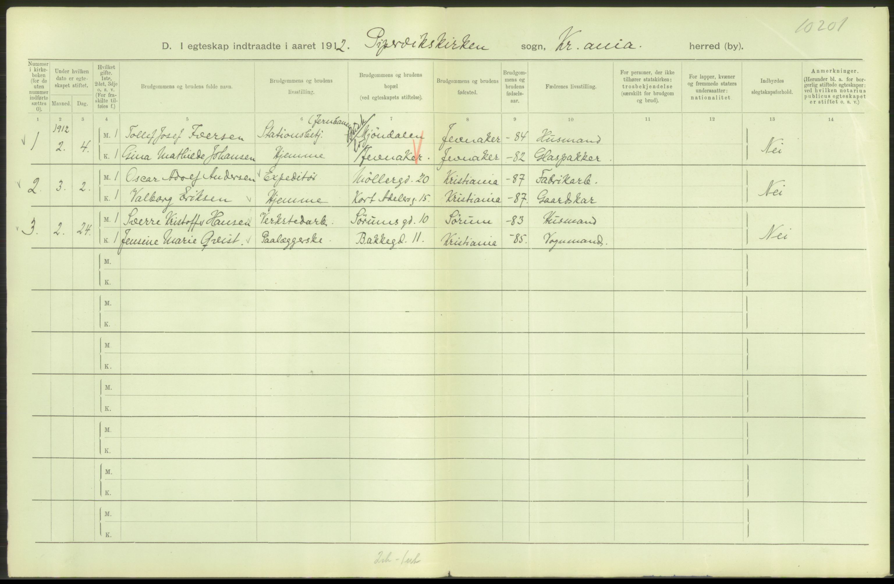 Statistisk sentralbyrå, Sosiodemografiske emner, Befolkning, AV/RA-S-2228/D/Df/Dfb/Dfbb/L0008: Kristiania: Gifte, 1912, p. 16