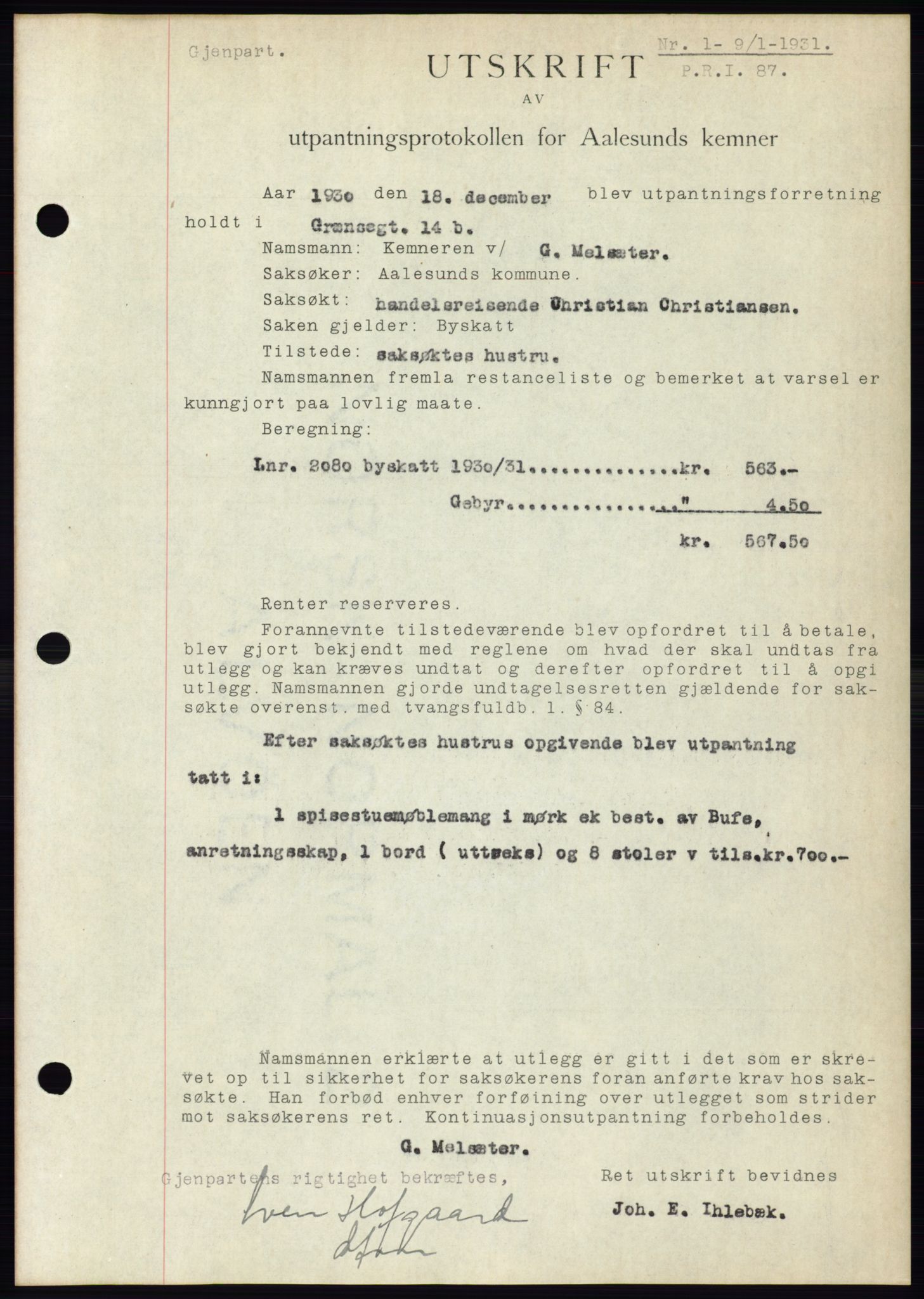 Ålesund byfogd, AV/SAT-A-4384: Mortgage book no. 27, 1930-1931, Deed date: 09.01.1931