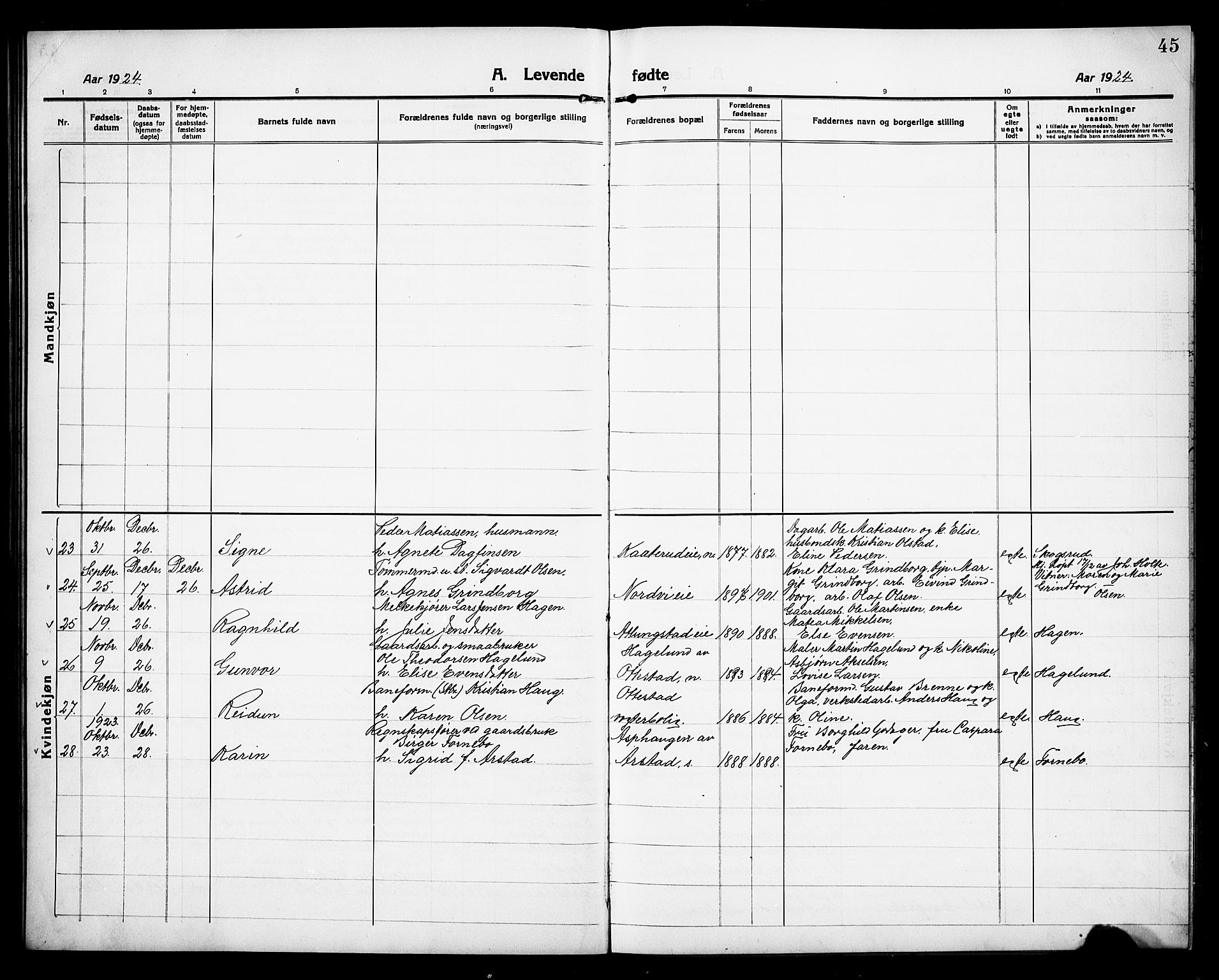 Stange prestekontor, AV/SAH-PREST-002/L/L0015: Parish register (copy) no. 15, 1916-1928, p. 45