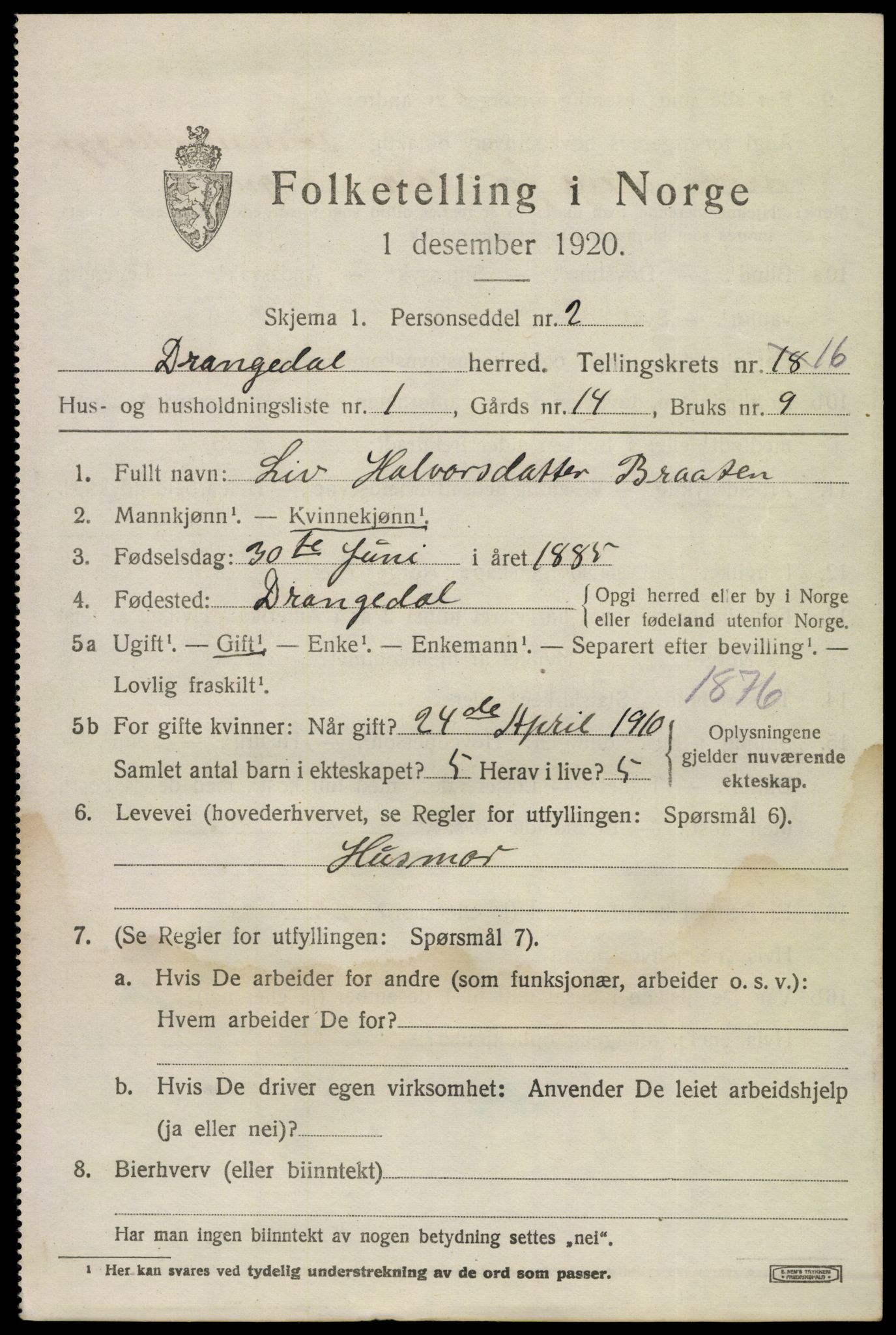 SAKO, 1920 census for Drangedal, 1920, p. 7799