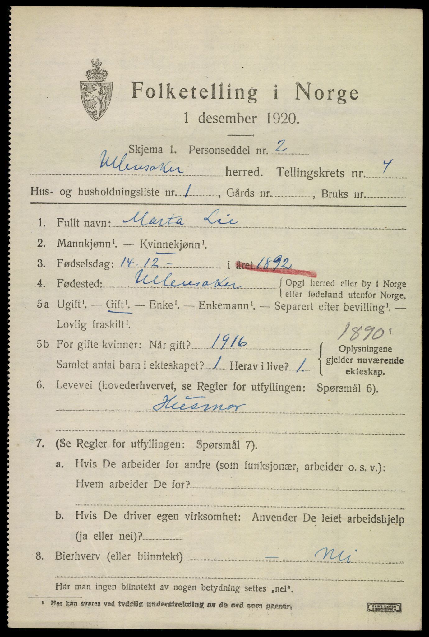 SAO, 1920 census for Ullensaker, 1920, p. 7243