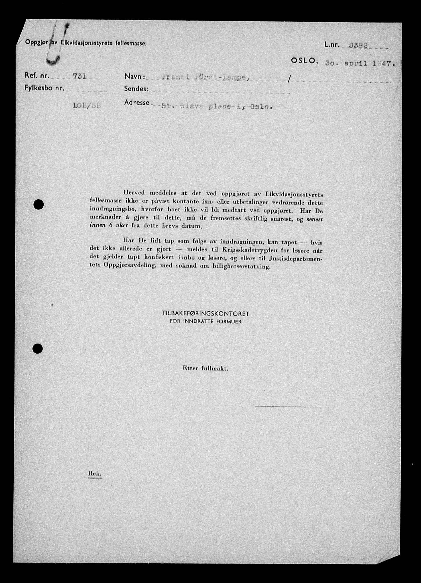 Justisdepartementet, Tilbakeføringskontoret for inndratte formuer, RA/S-1564/H/Hc/Hcc/L0955: --, 1945-1947, p. 3