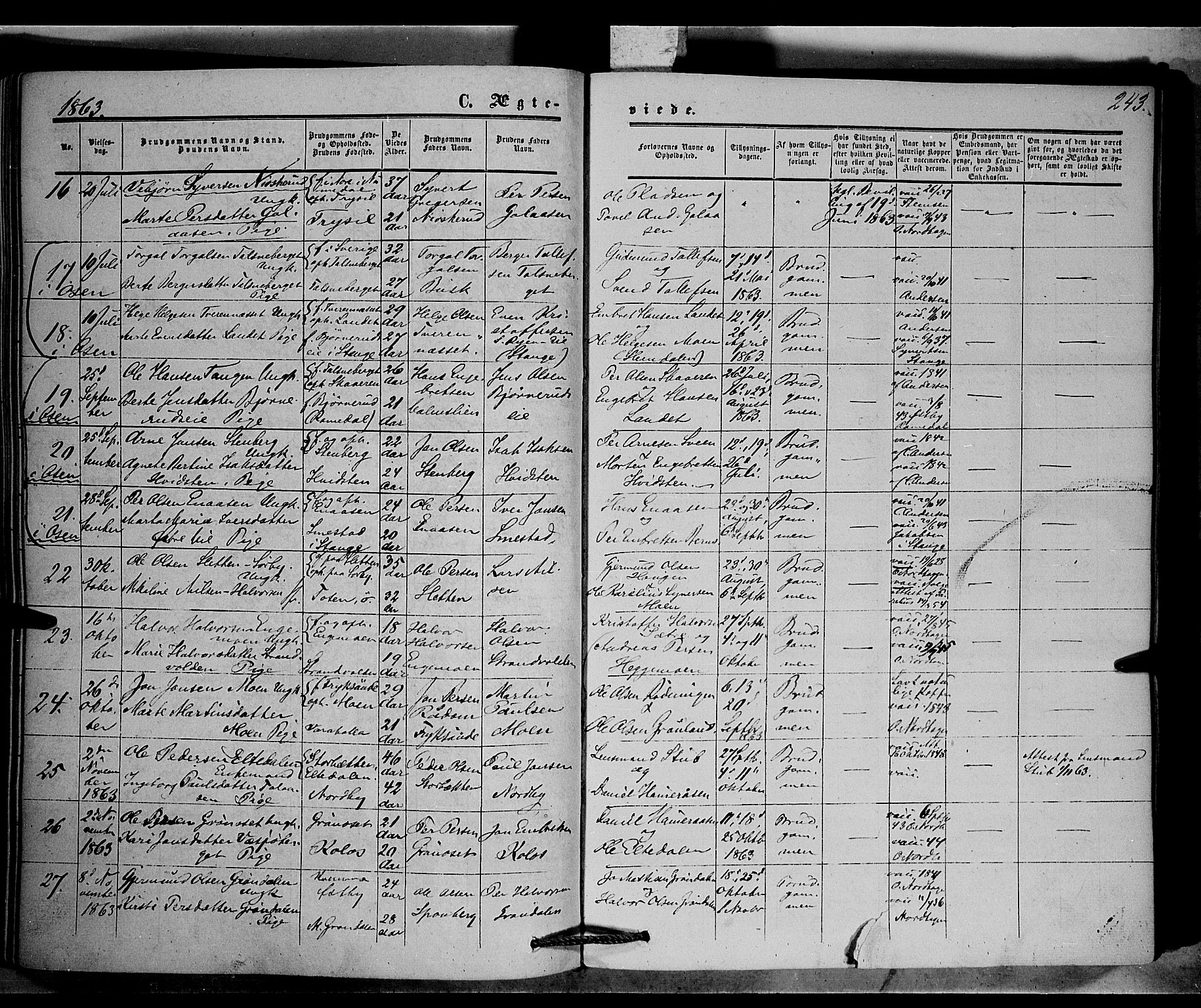 Trysil prestekontor, SAH/PREST-046/H/Ha/Haa/L0005: Parish register (official) no. 5, 1851-1865, p. 243