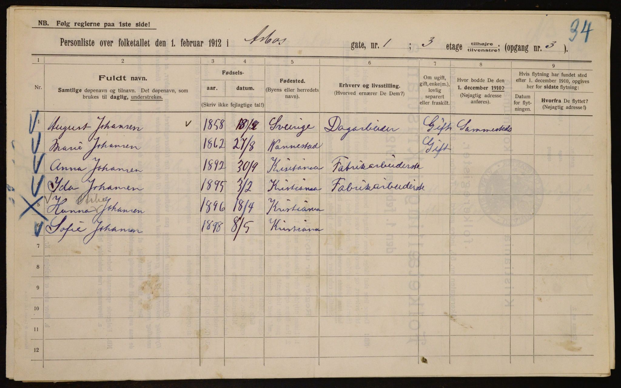OBA, Municipal Census 1912 for Kristiania, 1912, p. 1668