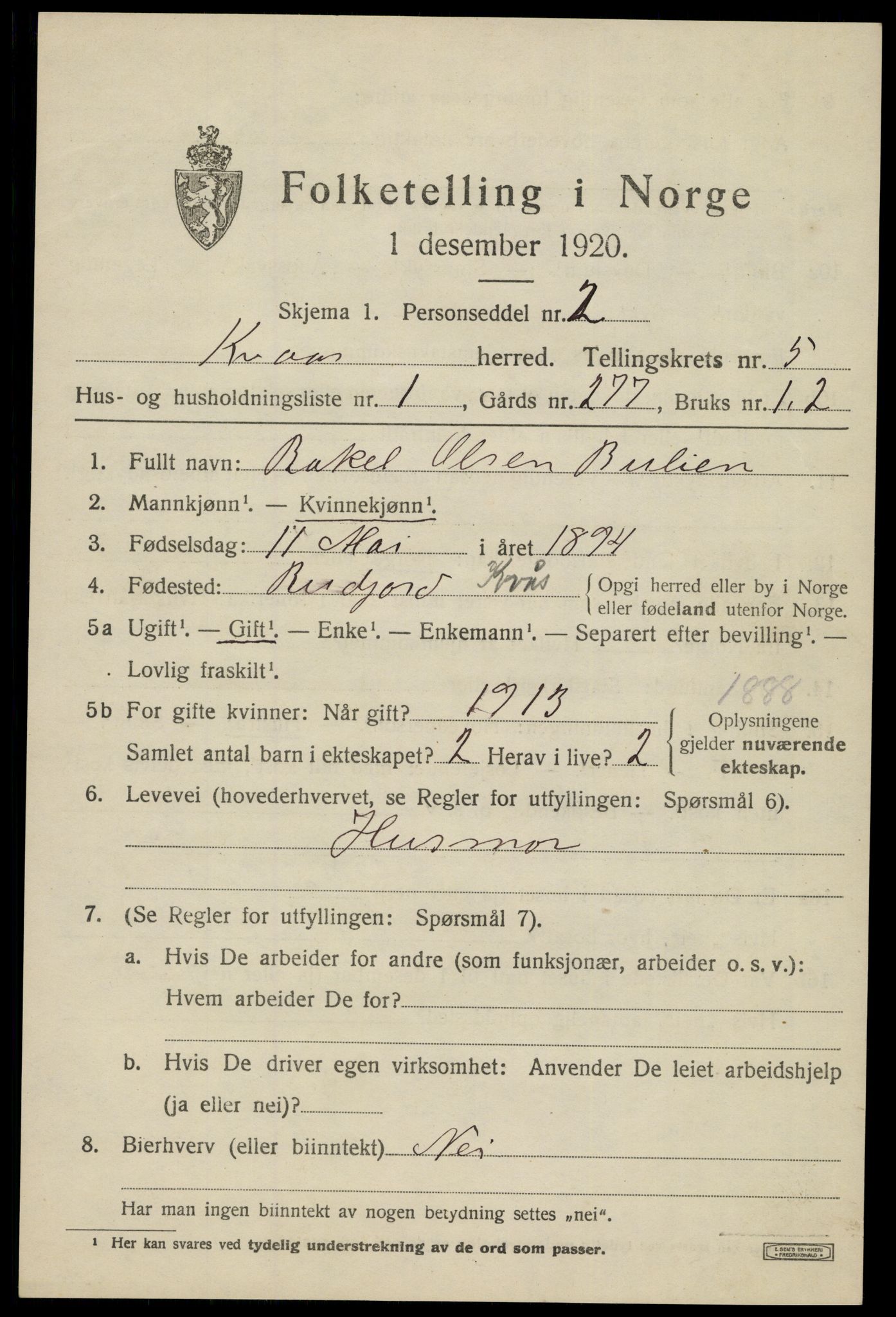 SAK, 1920 census for Kvås, 1920, p. 1290