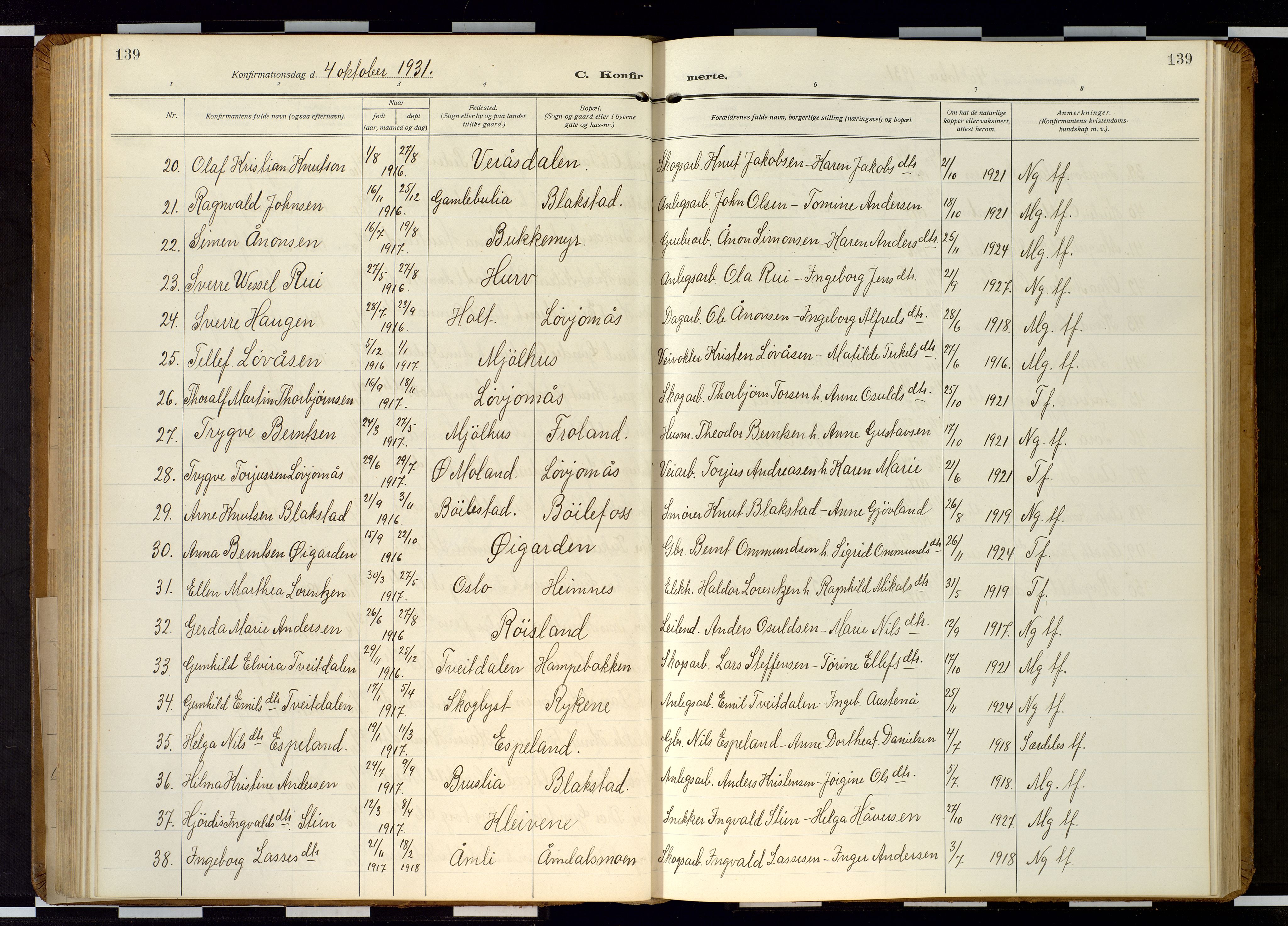 Froland sokneprestkontor, SAK/1111-0013/F/Fb/L0011: Parish register (copy) no. B 11, 1921-1947, p. 139