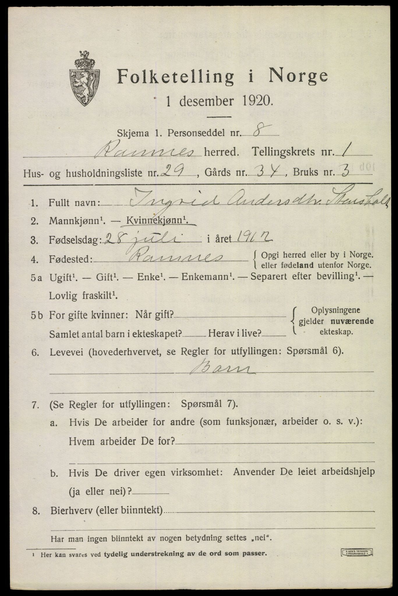 SAKO, 1920 census for Ramnes, 1920, p. 1524