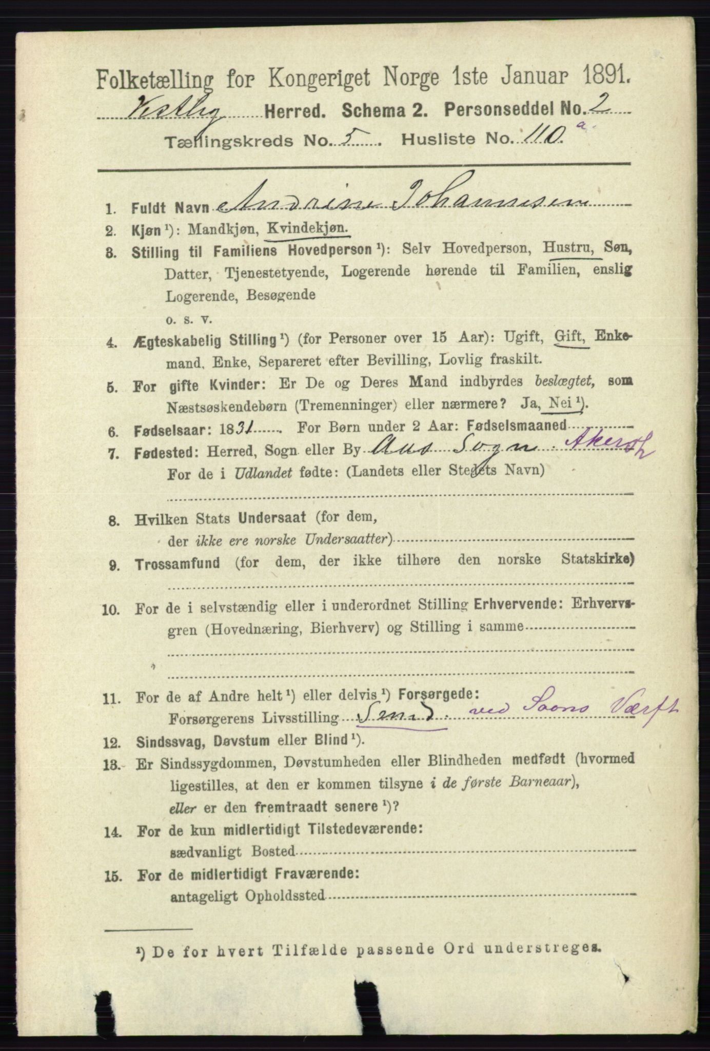 RA, 1891 census for 0211 Vestby, 1891, p. 2801