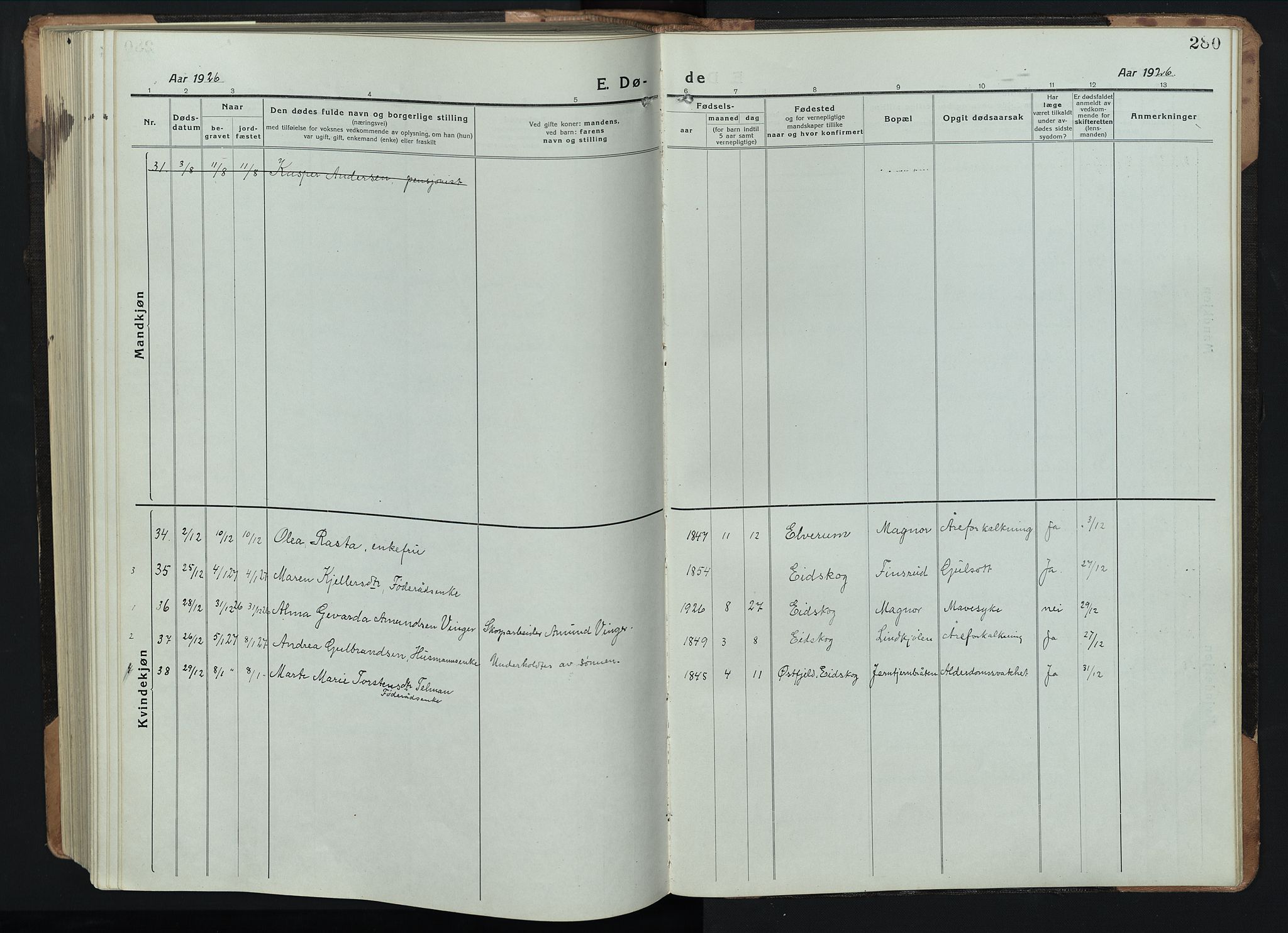 Eidskog prestekontor, SAH/PREST-026/H/Ha/Hab/L0005: Parish register (copy) no. 5, 1916-1946, p. 280