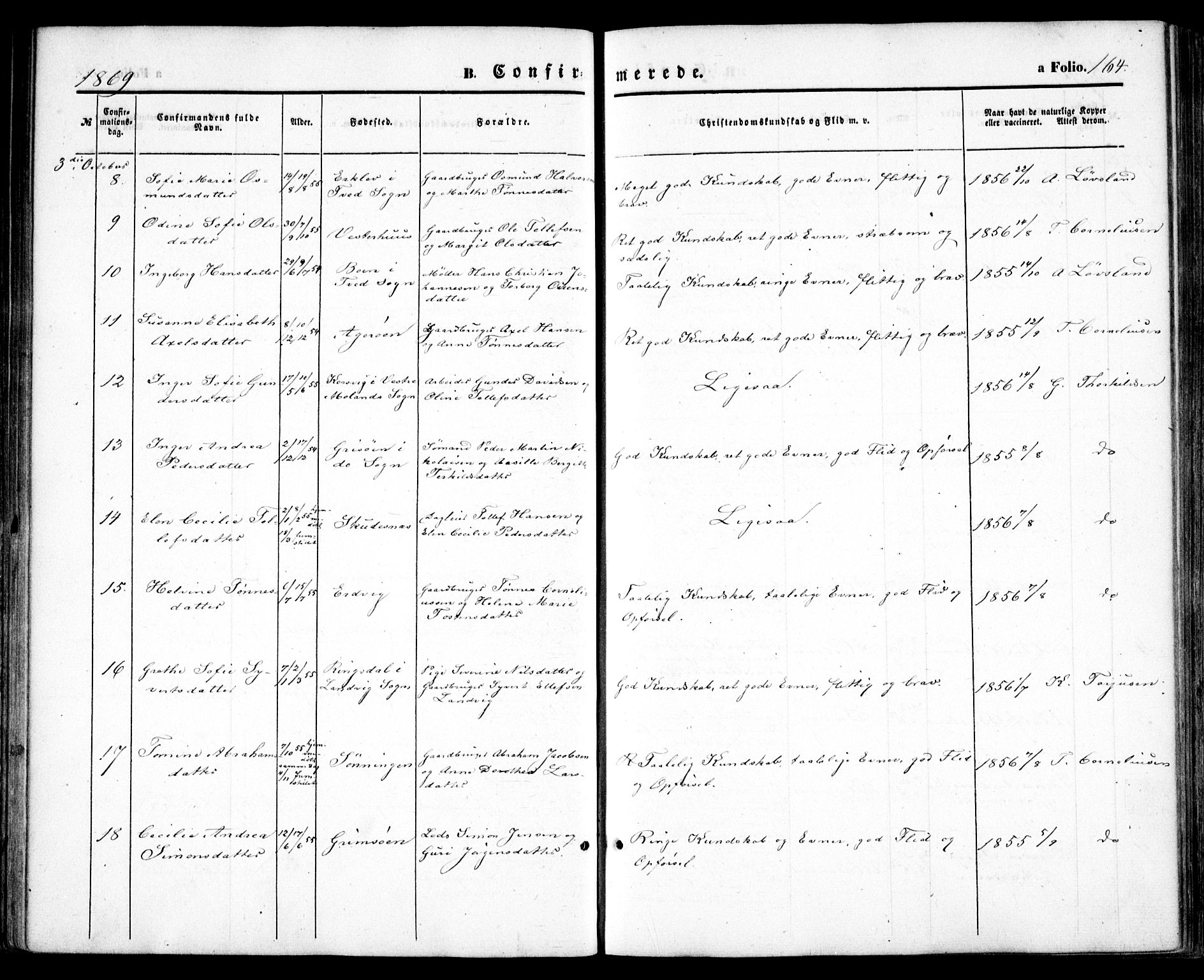 Høvåg sokneprestkontor, SAK/1111-0025/F/Fa/L0004: Parish register (official) no. A 4, 1859-1877, p. 164