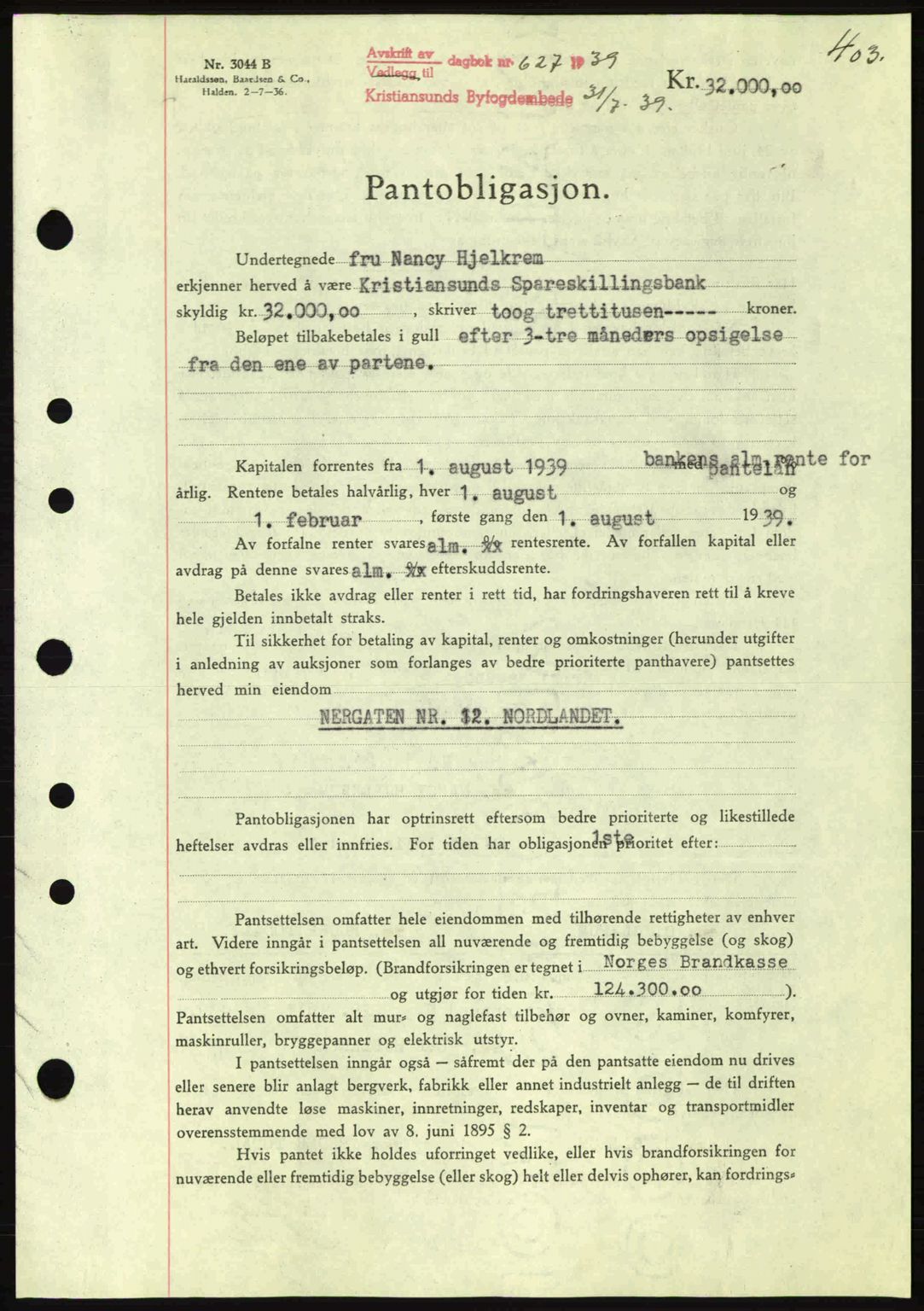 Kristiansund byfogd, SAT/A-4587/A/27: Mortgage book no. 31, 1938-1939, Diary no: : 627/1939