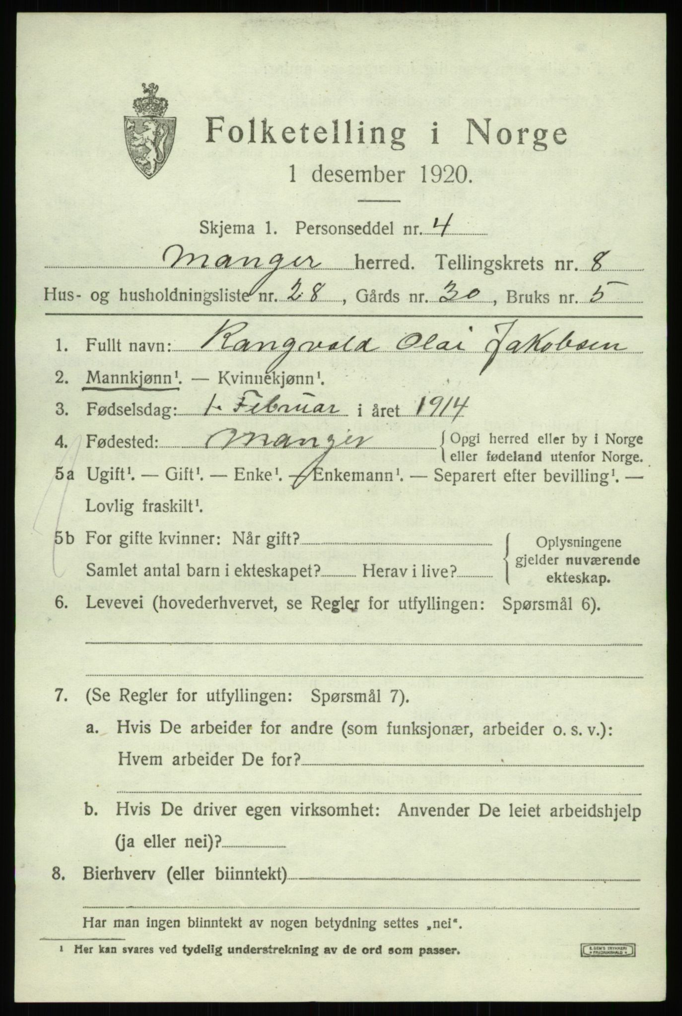 SAB, 1920 census for Manger, 1920, p. 5433