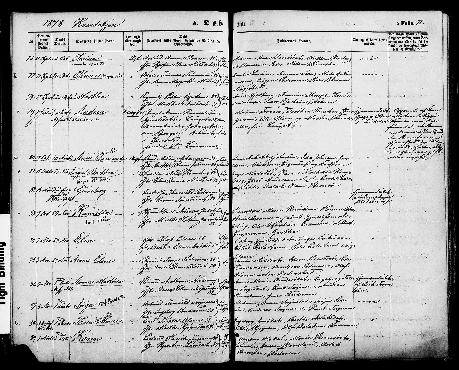 Holt sokneprestkontor, AV/SAK-1111-0021/F/Fa/L0010: Parish register (official) no. A 10, 1872-1885, p. 78