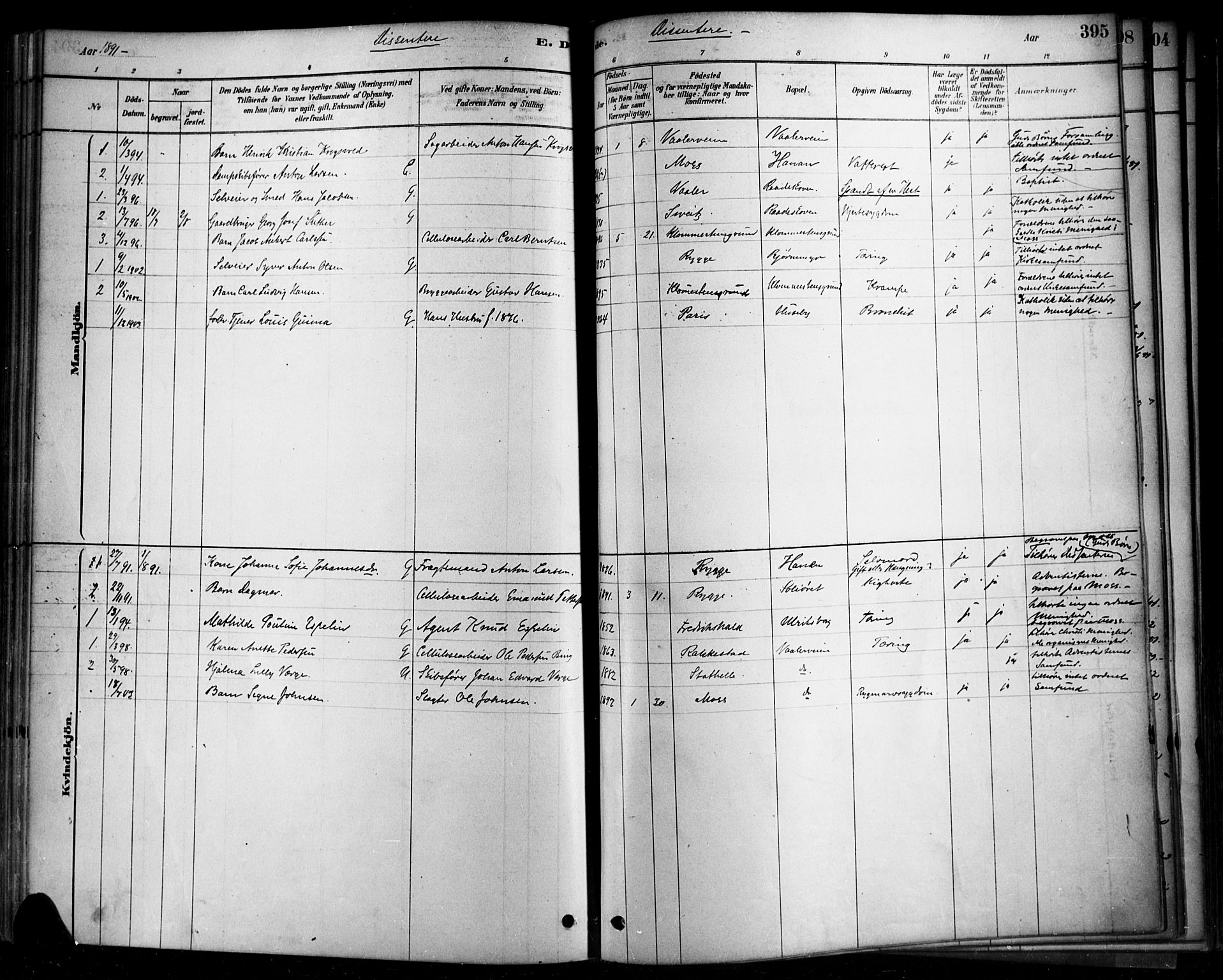 Rygge prestekontor Kirkebøker, SAO/A-10084b/F/Fa/L0007: Parish register (official) no. 7, 1878-1904, p. 395