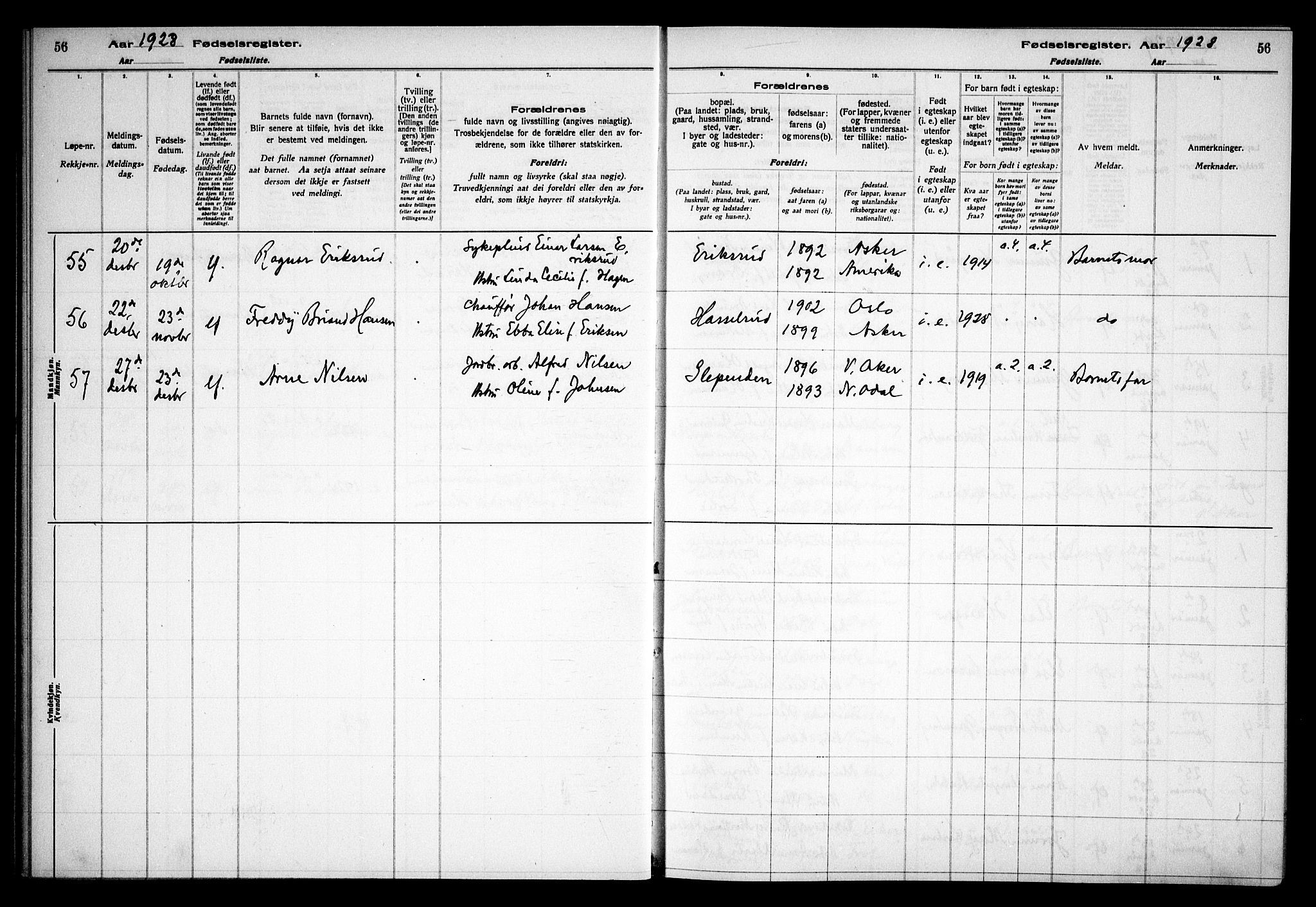 Asker prestekontor Kirkebøker, SAO/A-10256a/J/L0002: Birth register no. 2, 1925-1938, p. 56