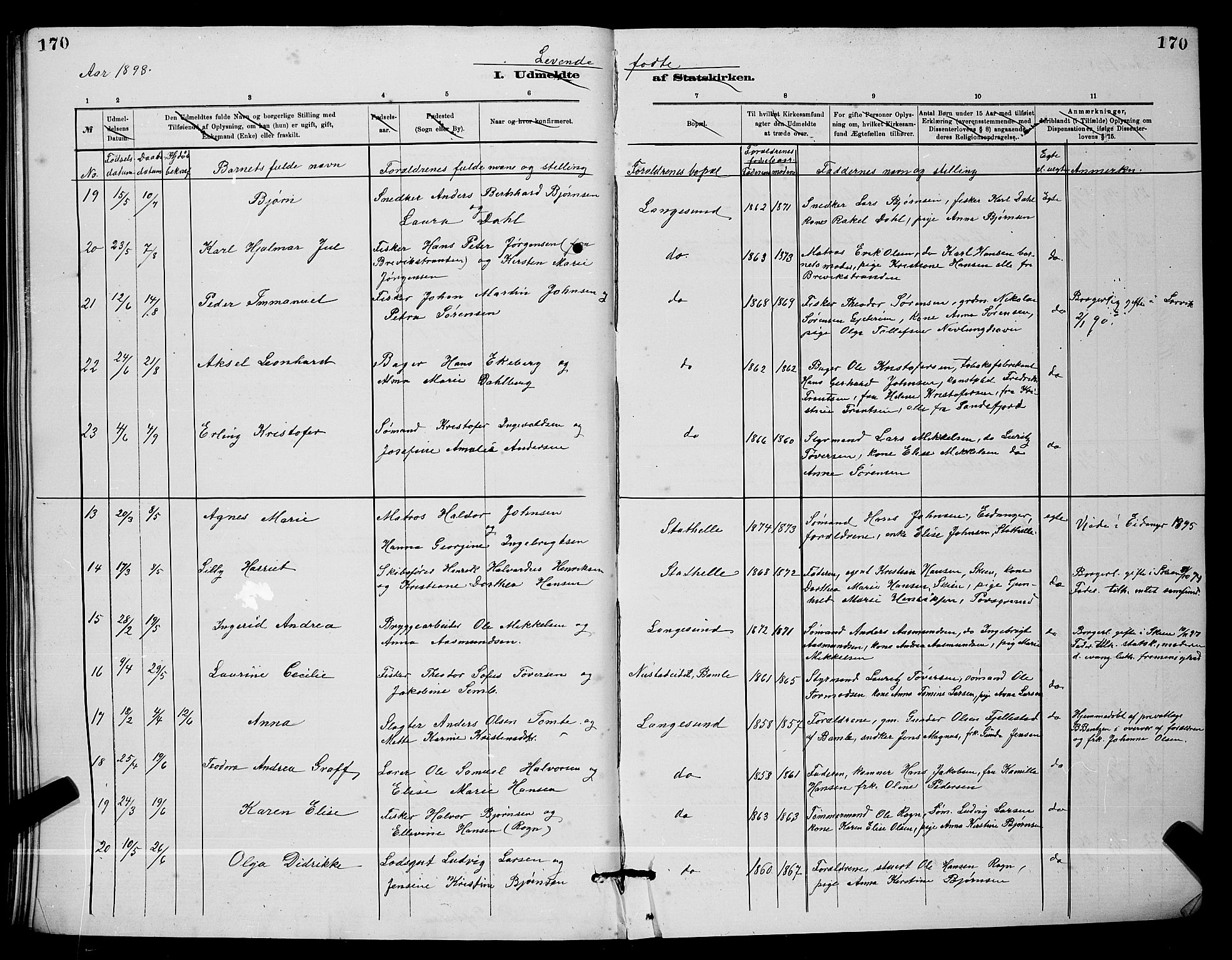 Langesund kirkebøker, SAKO/A-280/G/Ga/L0005: Parish register (copy) no. 5, 1884-1898, p. 170