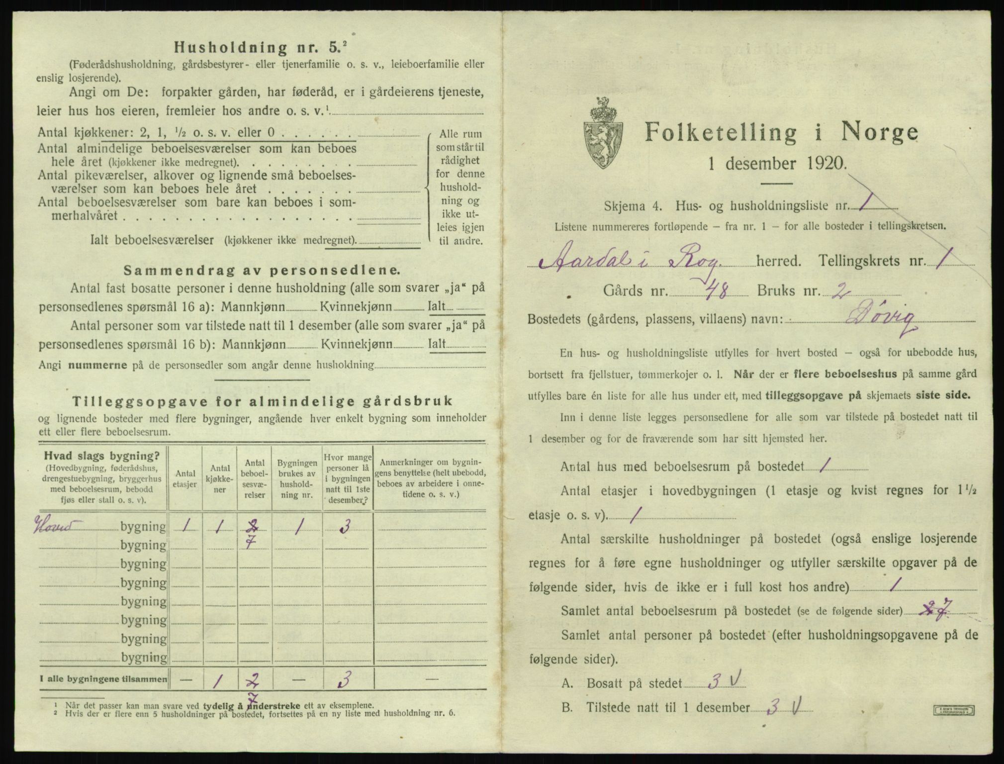 SAST, 1920 census for Årdal, 1920, p. 32