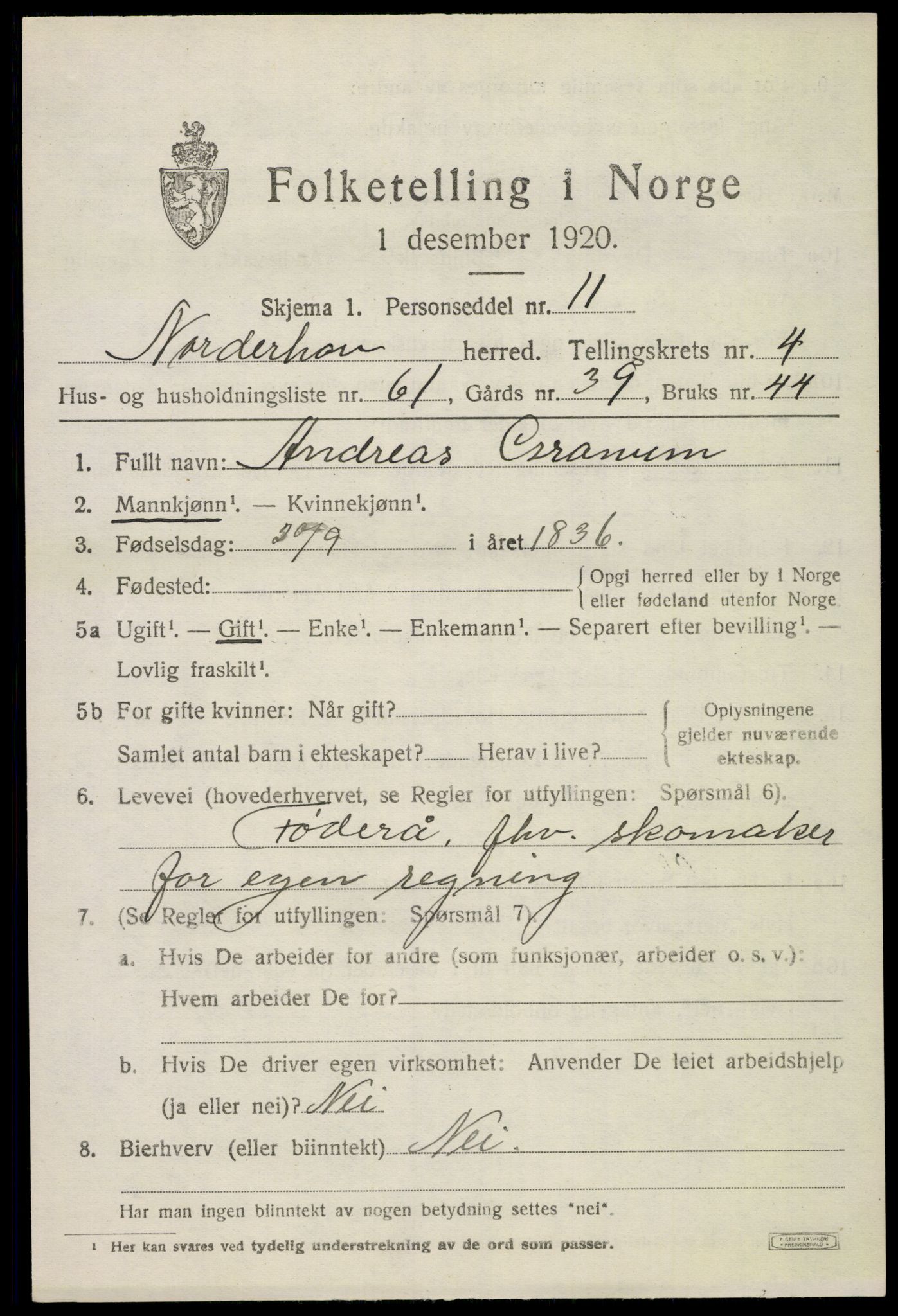 SAKO, 1920 census for Norderhov, 1920, p. 7039