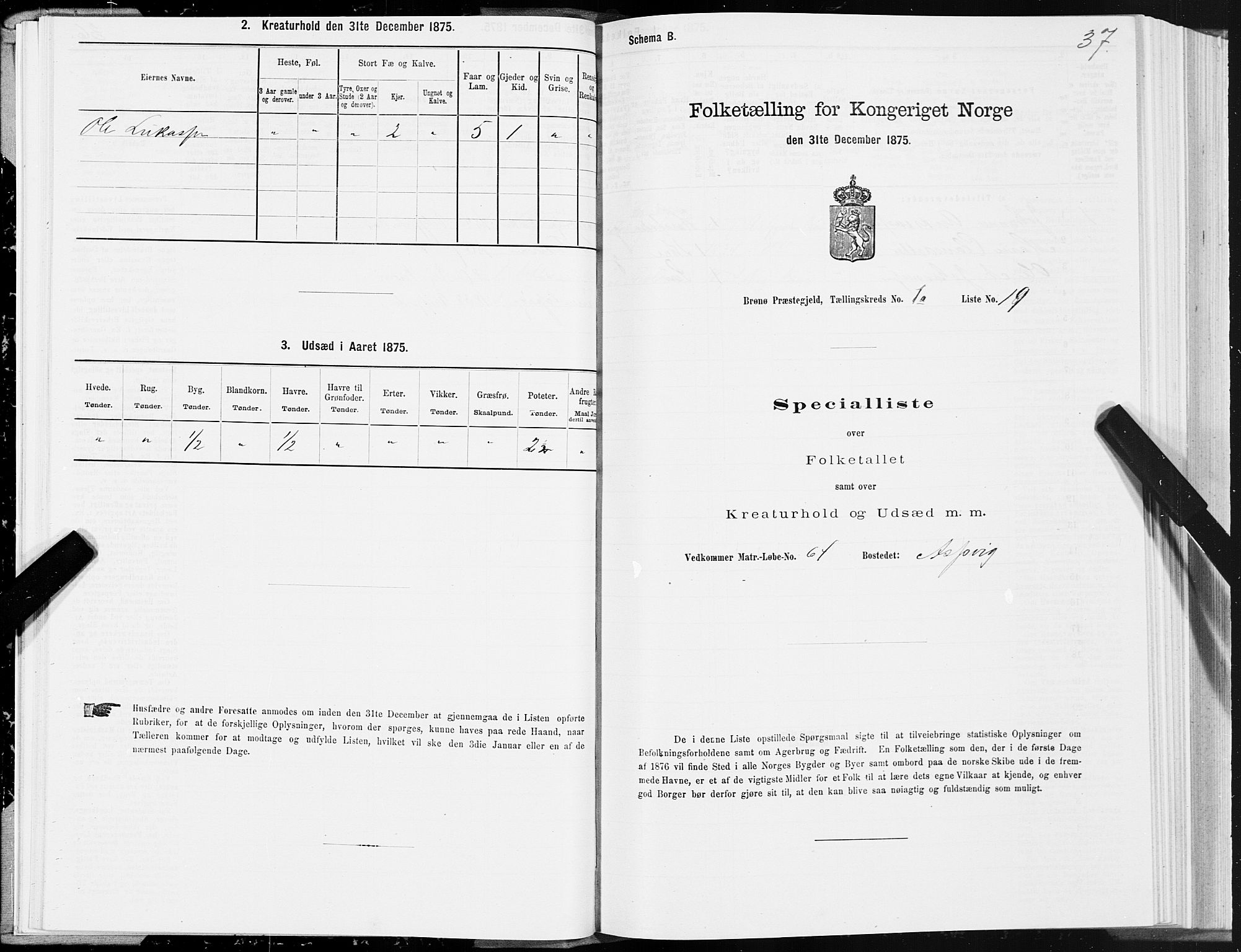 SAT, 1875 census for 1814P Brønnøy, 1875, p. 1037