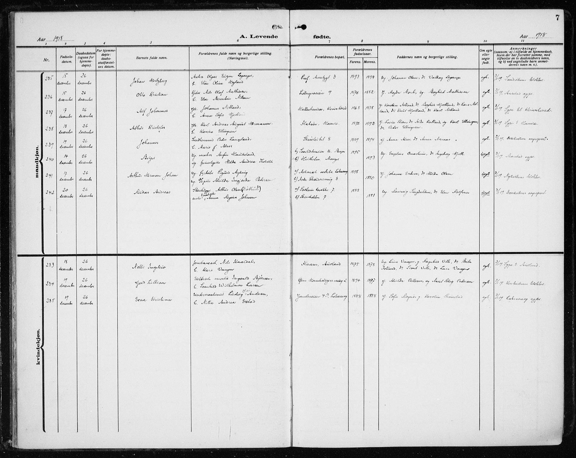 Fødselsstiftelsens sokneprestembete*, SAB/-: Parish register (official) no. A 5, 1918-1926, p. 7