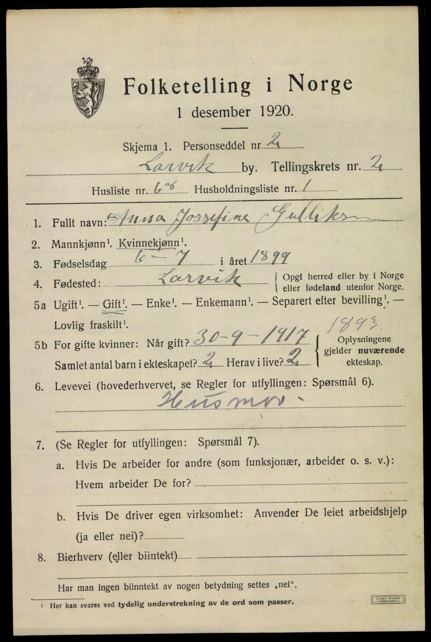 SAKO, 1920 census for Larvik, 1920, p. 11318