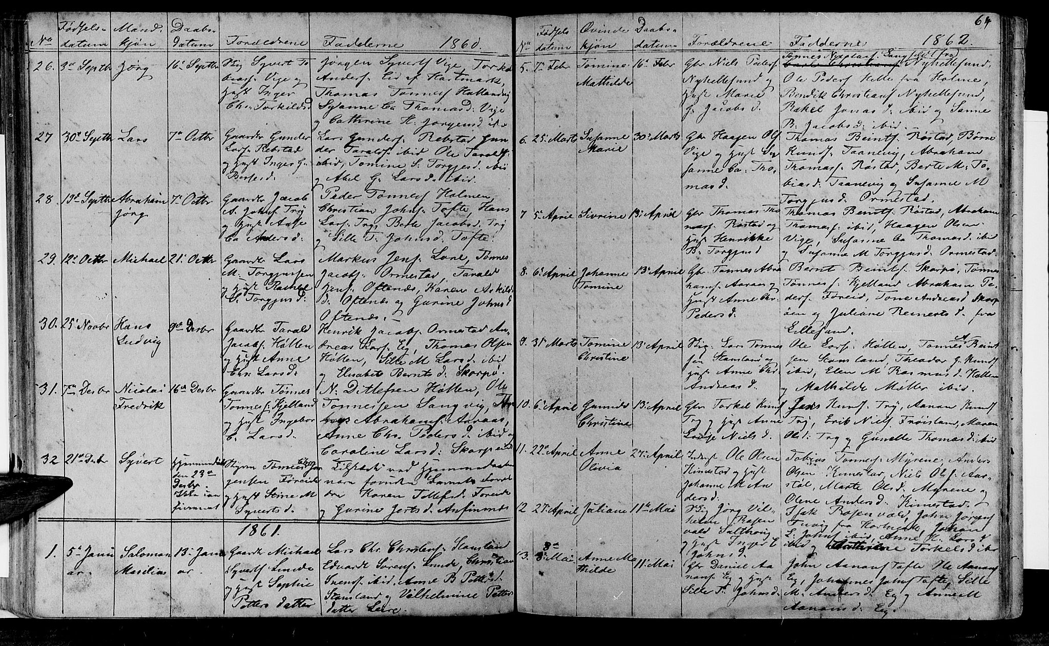 Søgne sokneprestkontor, SAK/1111-0037/F/Fb/Fbb/L0003: Parish register (copy) no. B 3, 1848-1864, p. 64