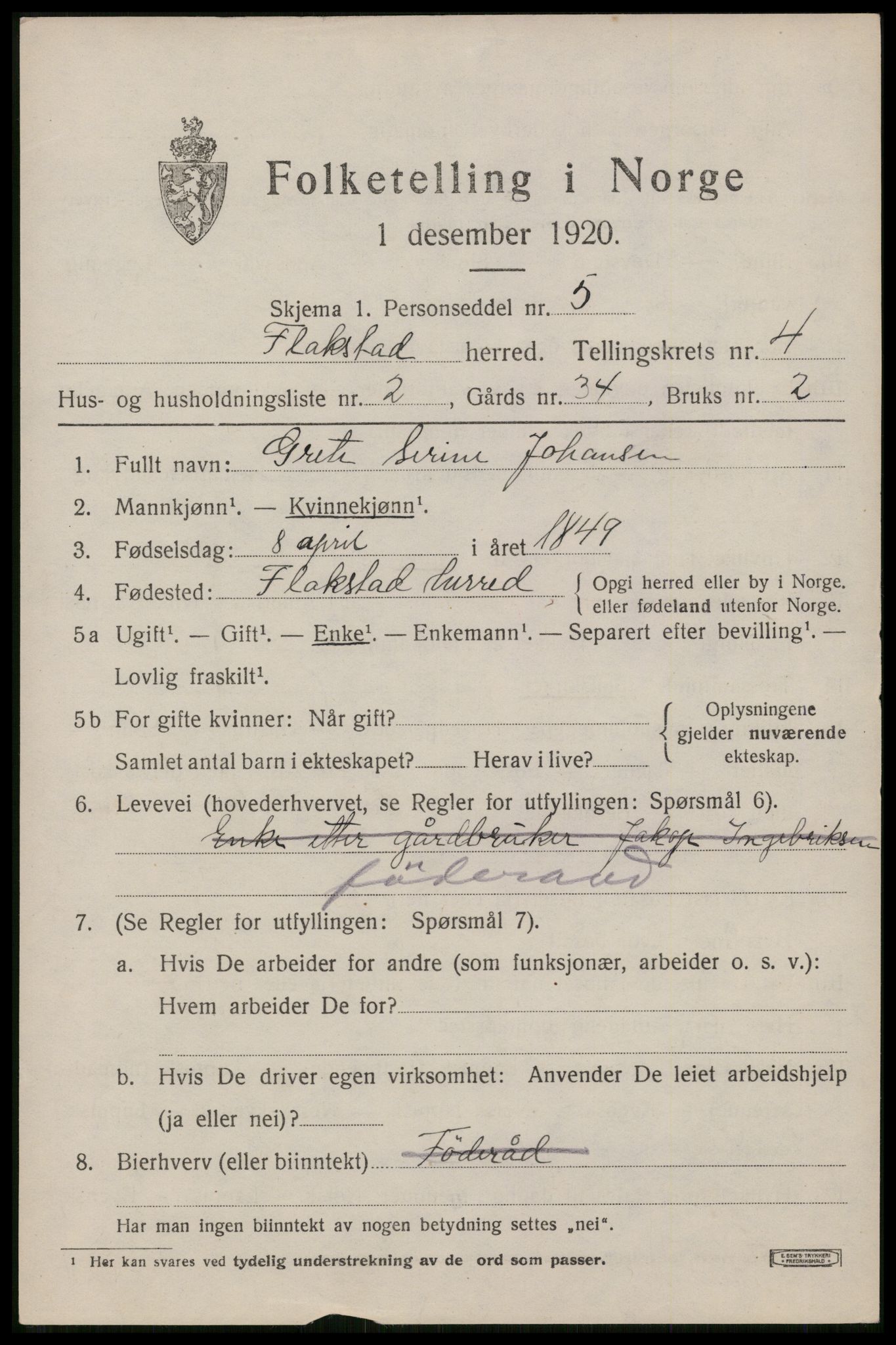 SAT, 1920 census for Flakstad, 1920, p. 2849