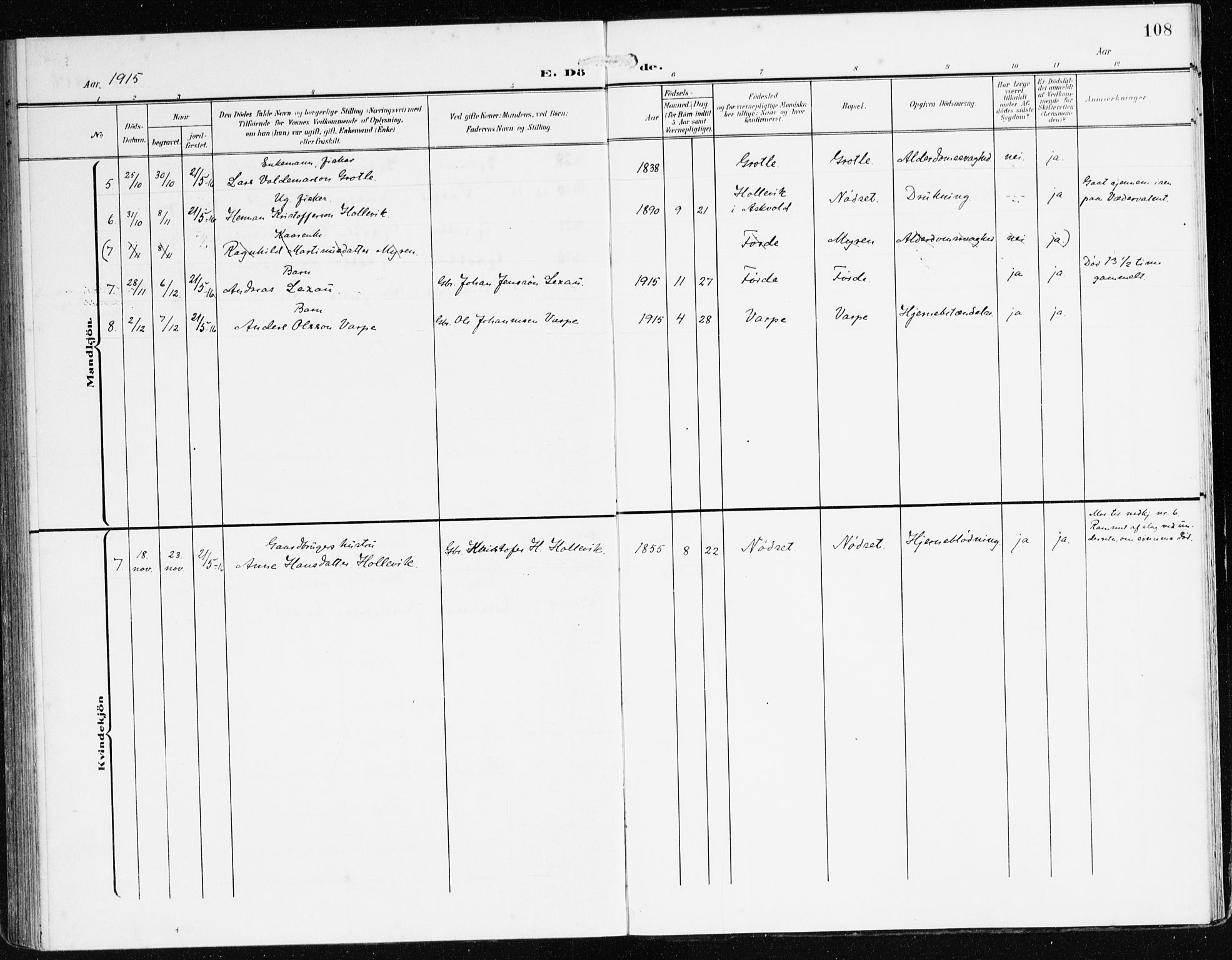 Bremanger sokneprestembete, AV/SAB-A-82201/H/Haa/Haac/L0001: Parish register (official) no. C 1, 1908-1921, p. 108