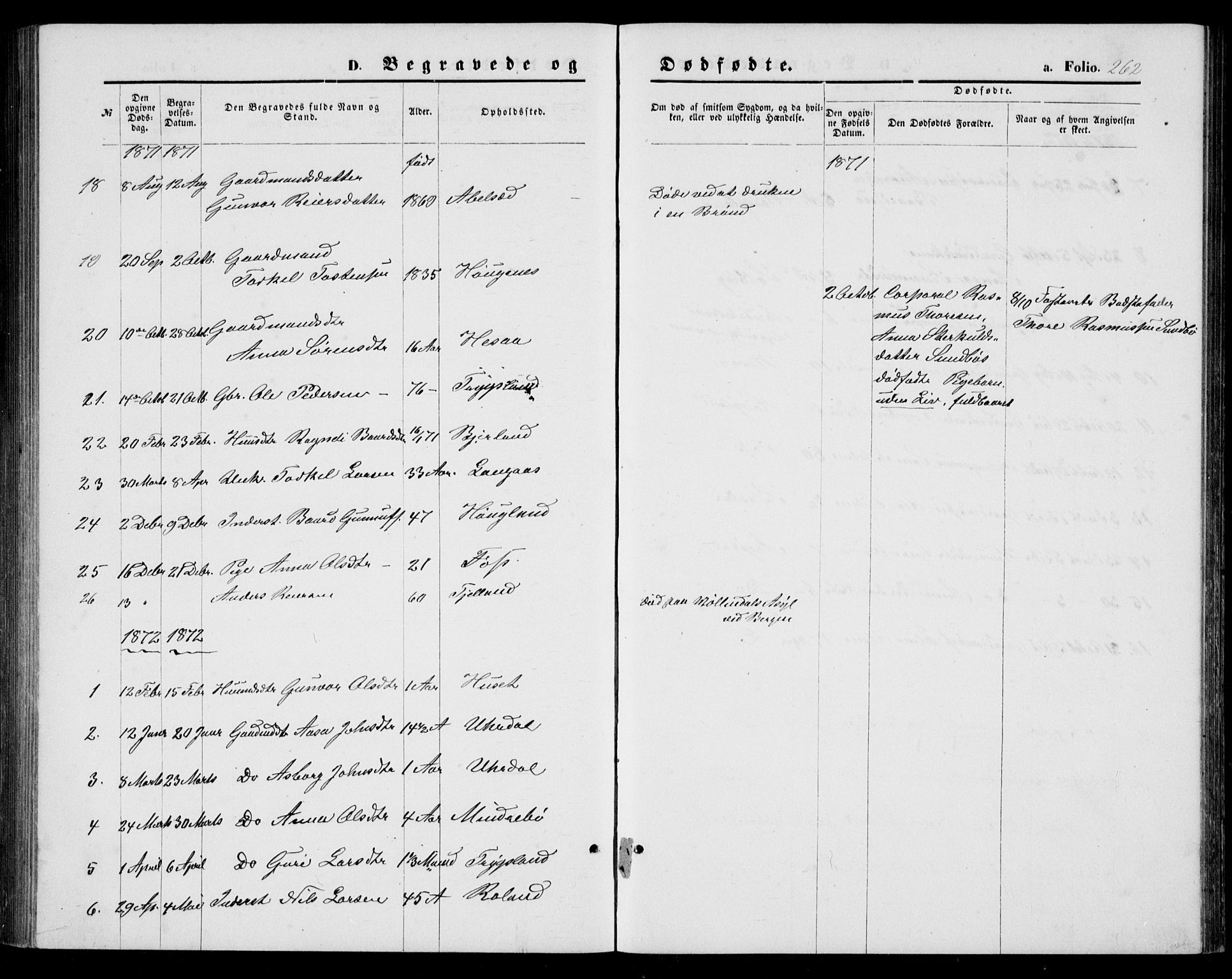 Bjelland sokneprestkontor, AV/SAK-1111-0005/F/Fb/Fba/L0004: Parish register (copy) no. B 4, 1869-1886, p. 262