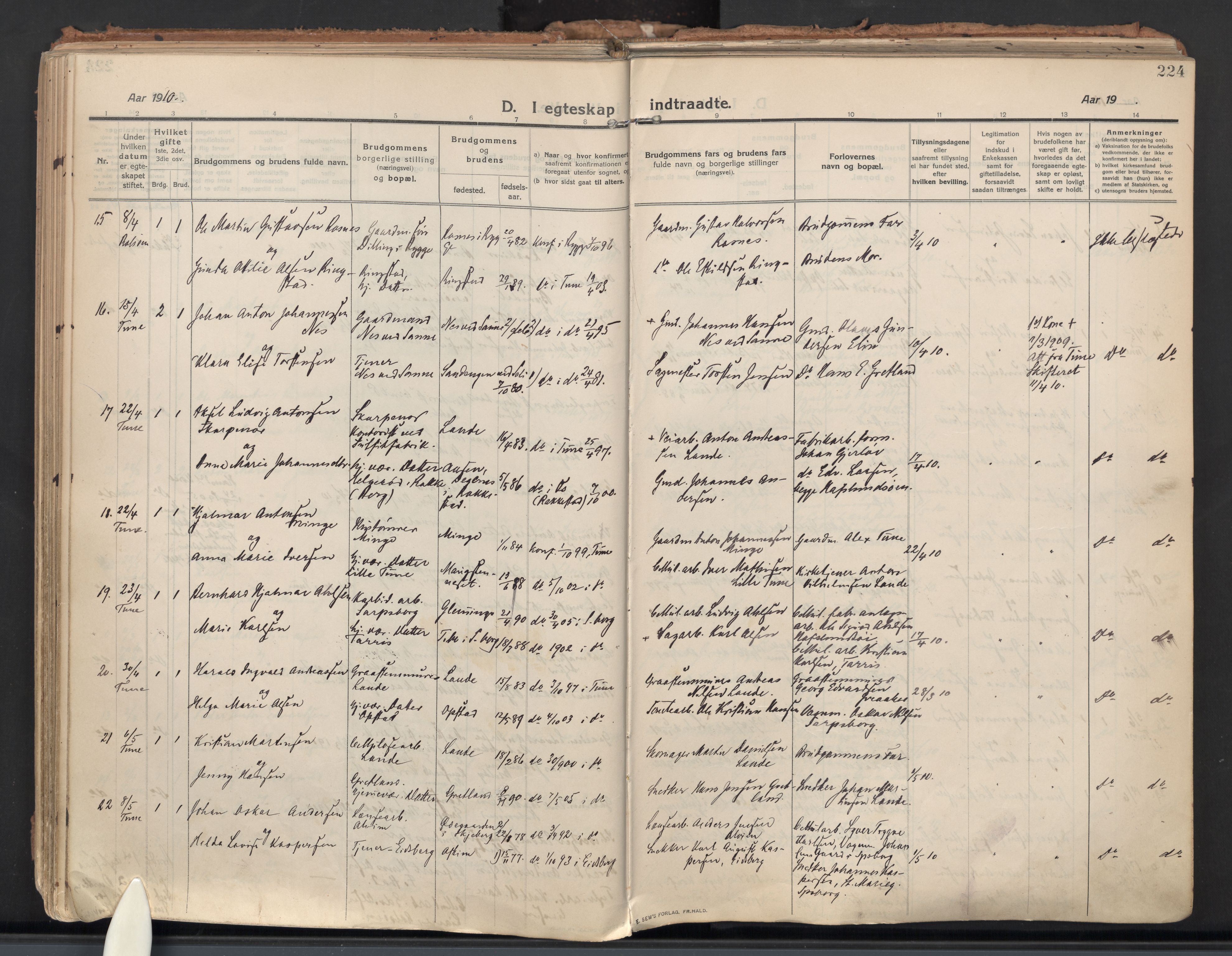 Tune prestekontor Kirkebøker, AV/SAO-A-2007/F/Fa/L0021: Parish register (official) no. 21, 1910-1916, p. 224