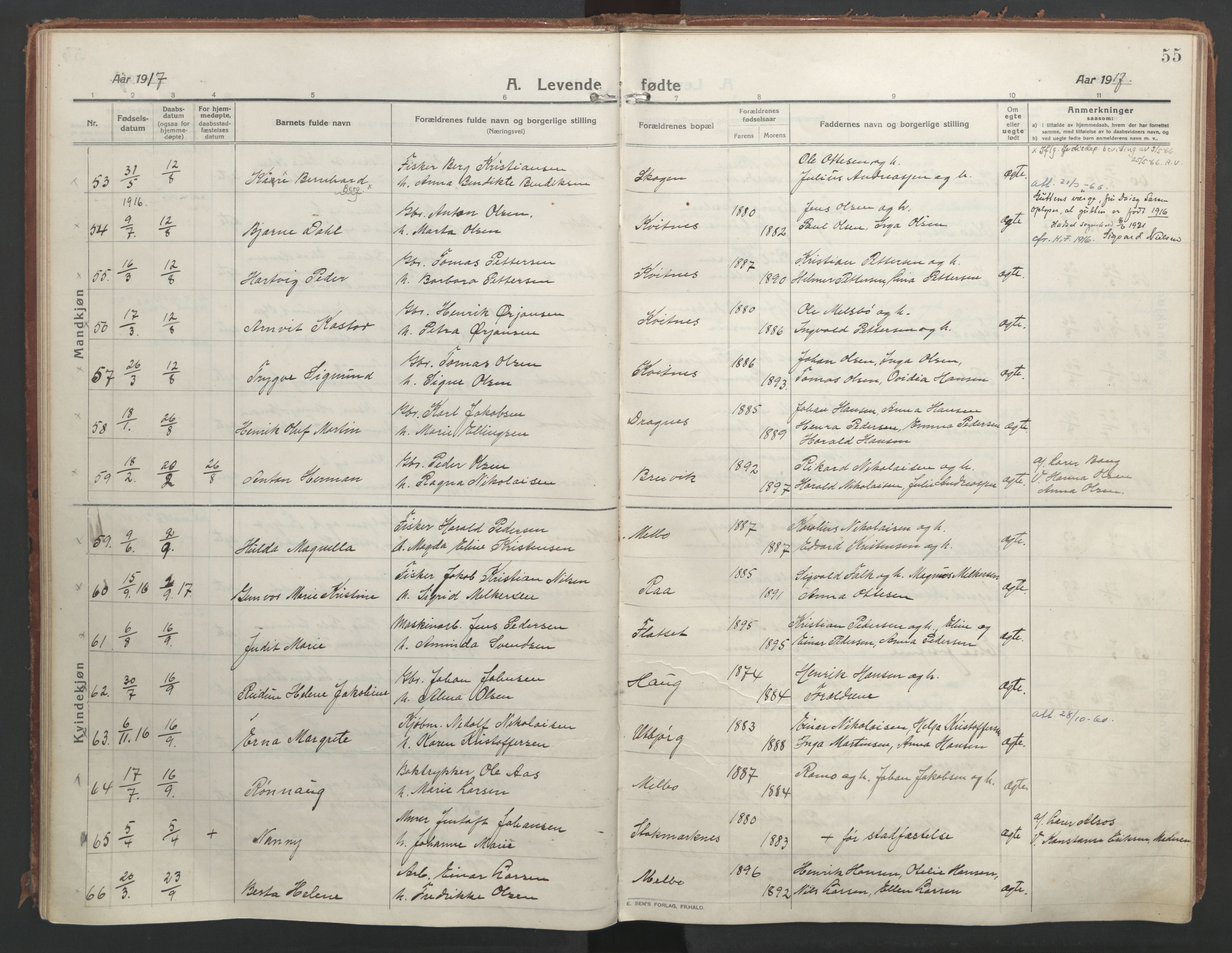 Ministerialprotokoller, klokkerbøker og fødselsregistre - Nordland, AV/SAT-A-1459/888/L1250: Parish register (official) no. 888A16, 1913-1925, p. 55