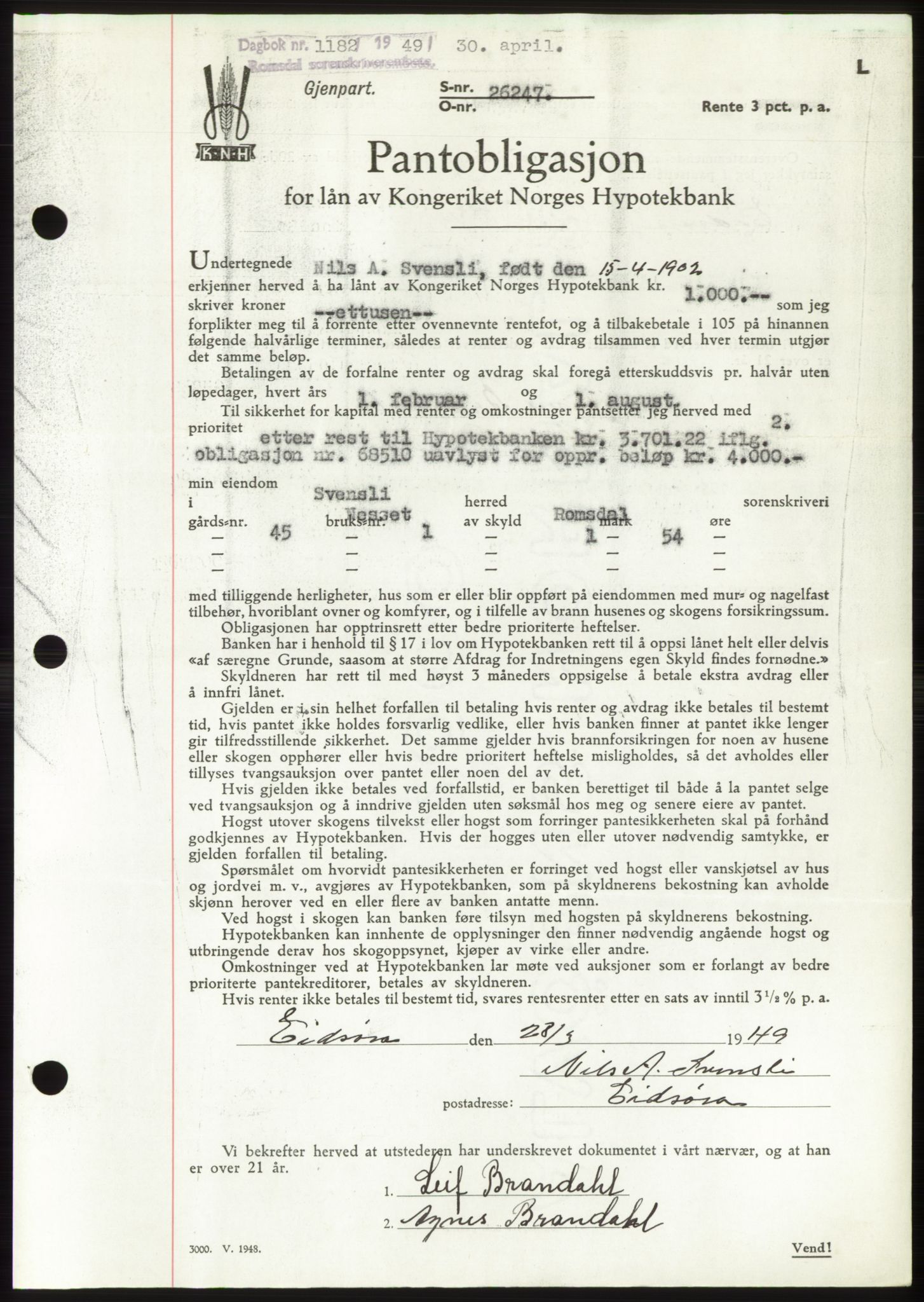 Romsdal sorenskriveri, AV/SAT-A-4149/1/2/2C: Mortgage book no. B4, 1948-1949, Diary no: : 1182/1949