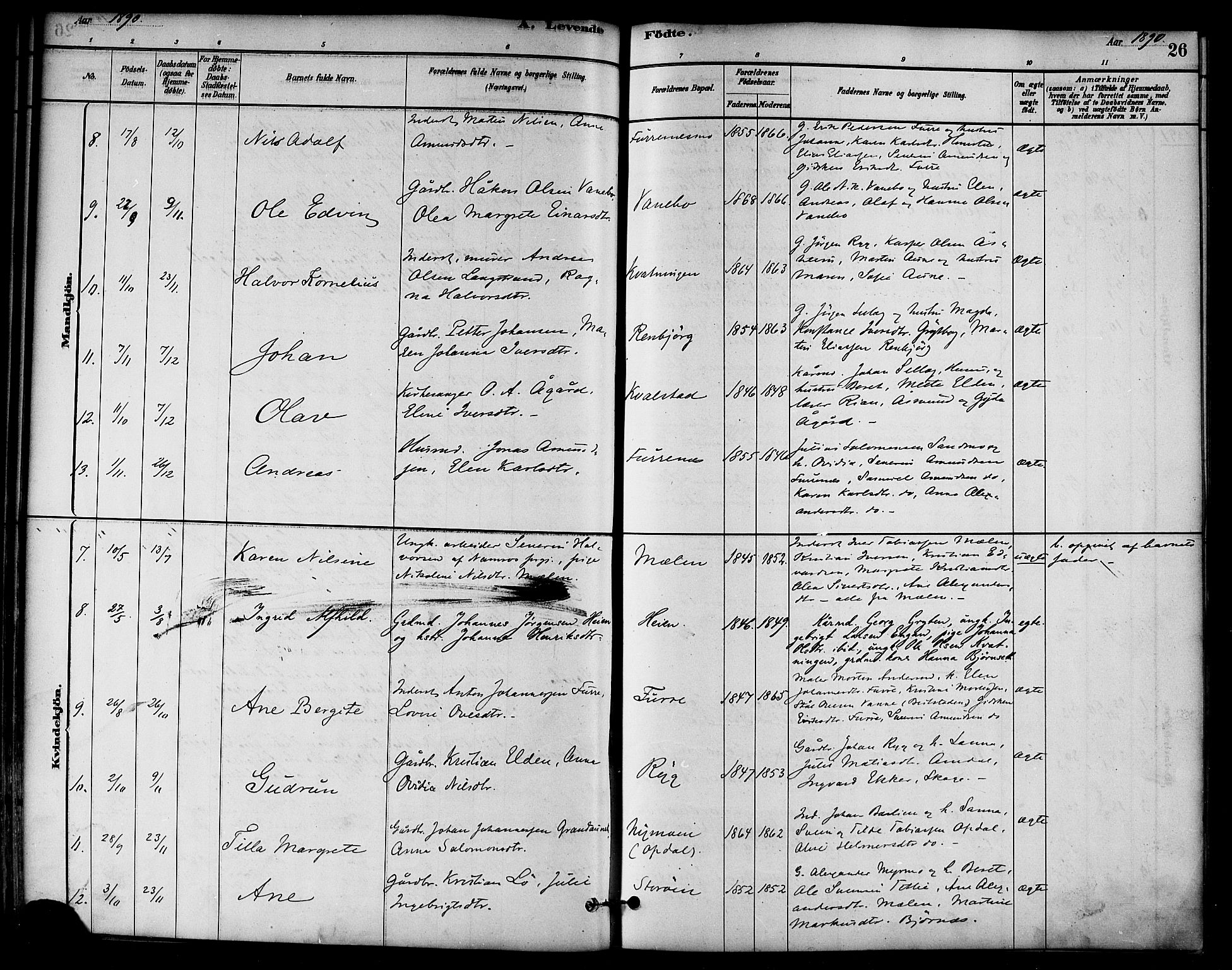 Ministerialprotokoller, klokkerbøker og fødselsregistre - Nord-Trøndelag, AV/SAT-A-1458/766/L0563: Parish register (official) no. 767A01, 1881-1899, p. 26