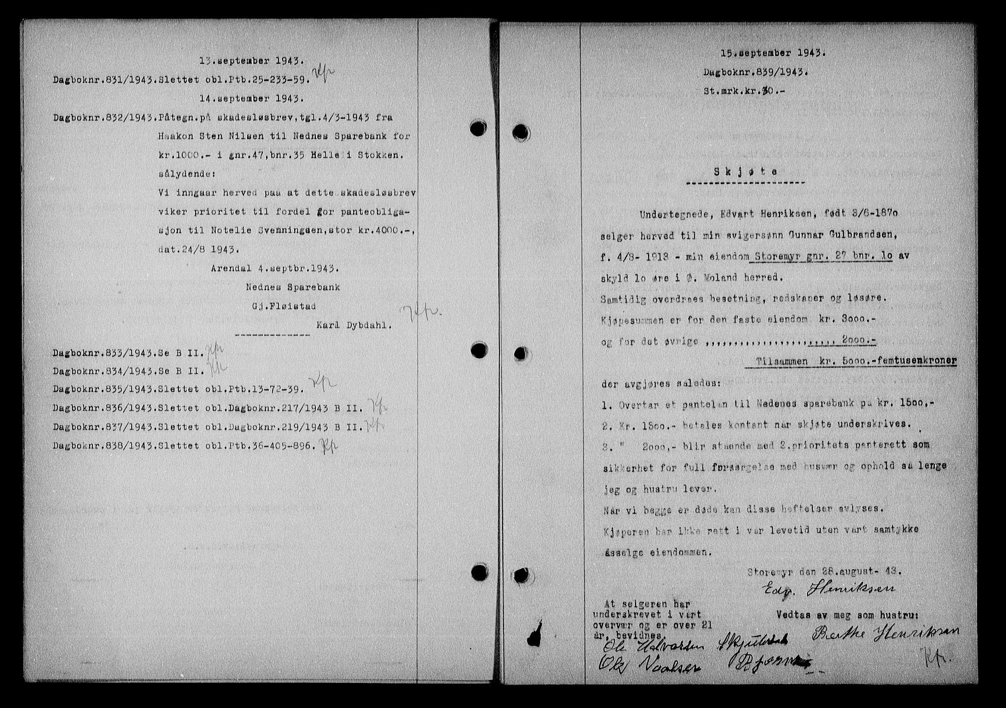 Nedenes sorenskriveri, SAK/1221-0006/G/Gb/Gba/L0051: Mortgage book no. A-V, 1943-1944, Diary no: : 839/1943