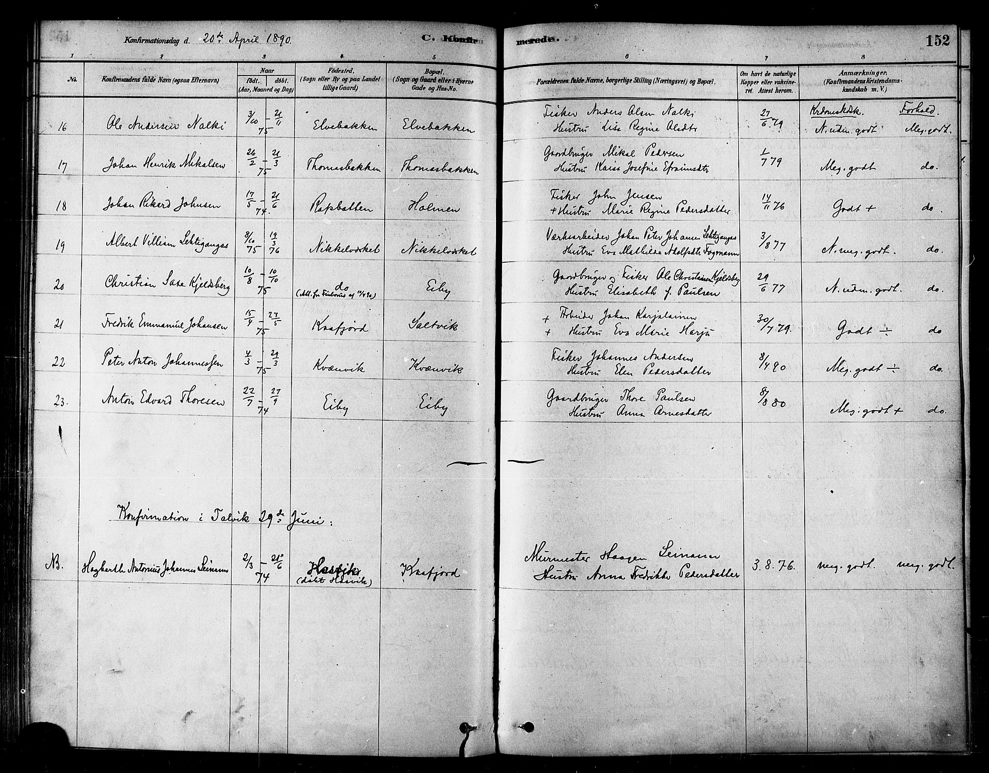 Alta sokneprestkontor, SATØ/S-1338/H/Ha/L0002.kirke: Parish register (official) no. 2, 1879-1892, p. 152