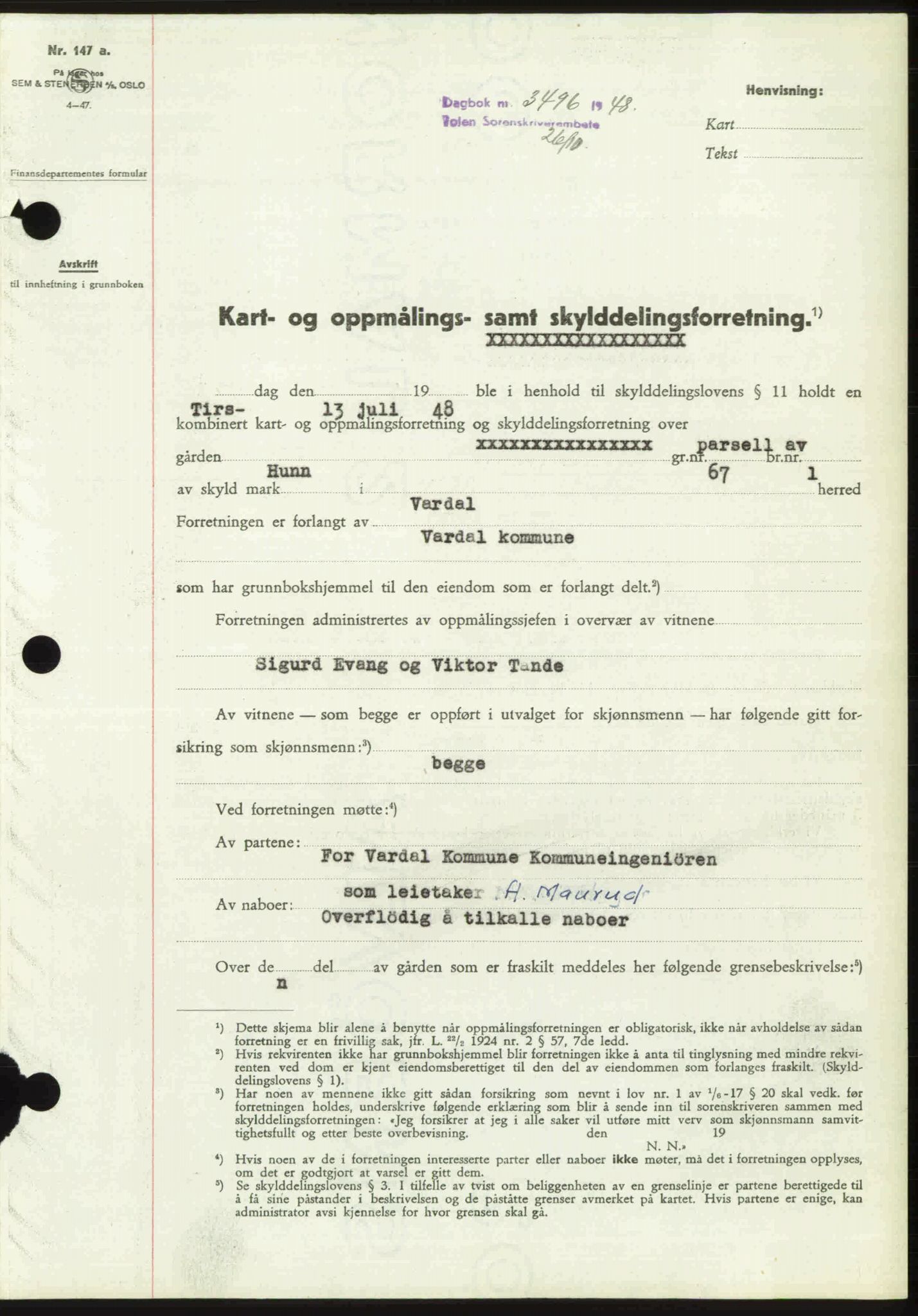 Toten tingrett, SAH/TING-006/H/Hb/Hbc/L0020: Mortgage book no. Hbc-20, 1948-1948, Diary no: : 3496/1948