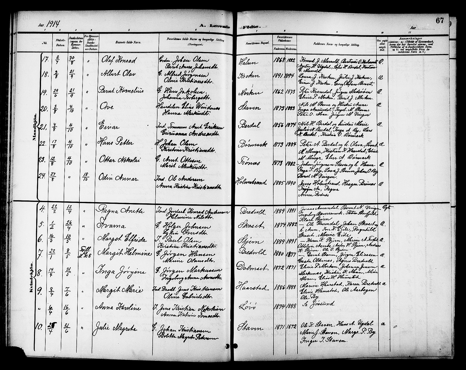 Ministerialprotokoller, klokkerbøker og fødselsregistre - Sør-Trøndelag, SAT/A-1456/655/L0688: Parish register (copy) no. 655C04, 1899-1922, p. 67