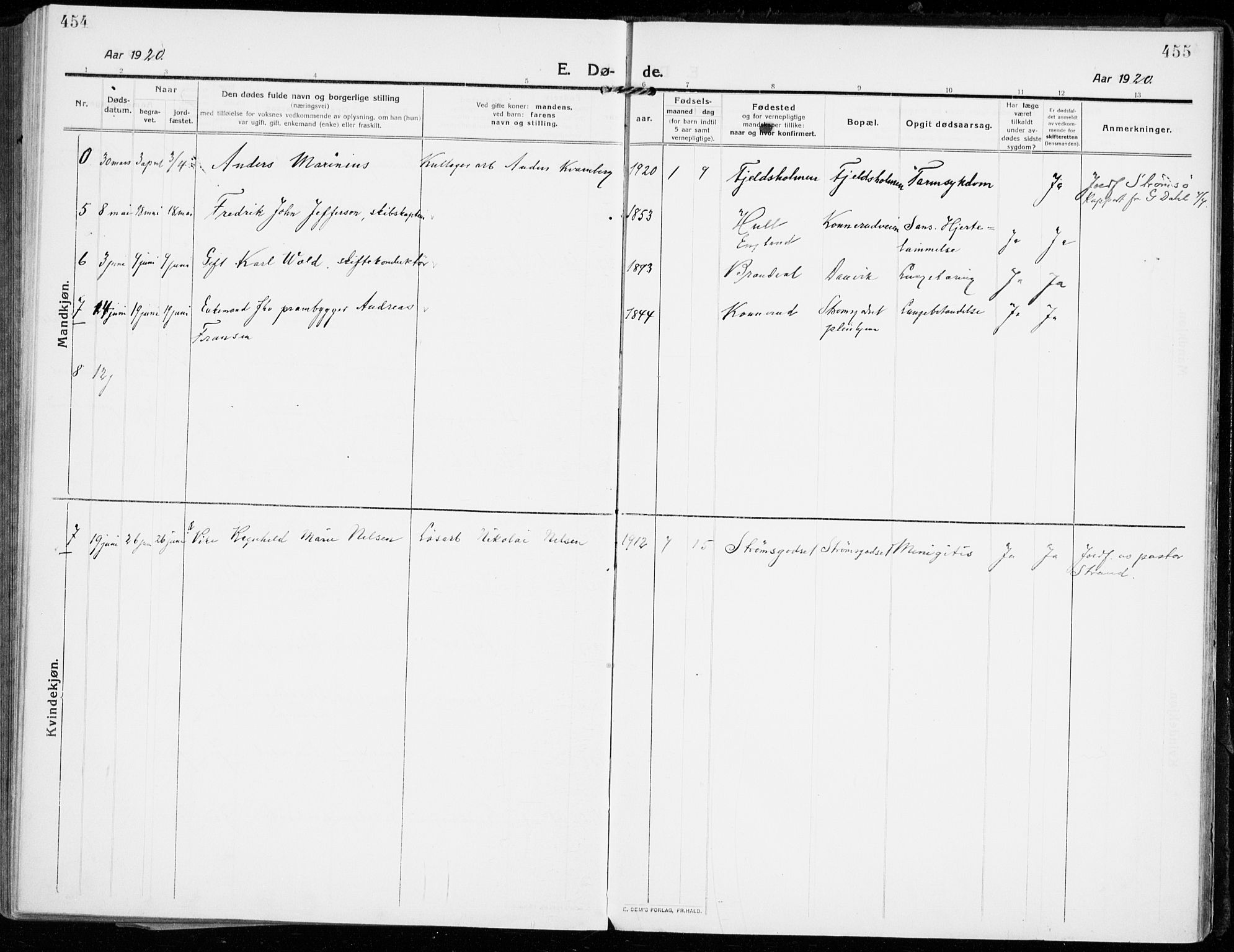 Strømsgodset kirkebøker, AV/SAKO-A-324/F/Fa/L0002: Parish register (official) no. 2, 1910-1920, p. 454-455