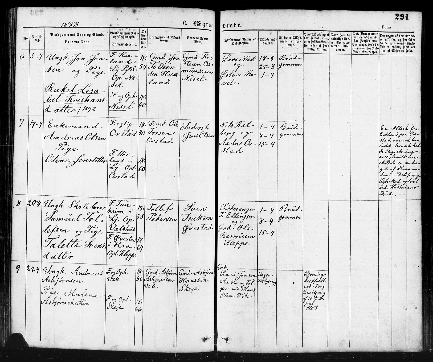 Klepp sokneprestkontor, AV/SAST-A-101803/001/3/30BA/L0006: Parish register (official) no. A 6, 1871-1885, p. 291