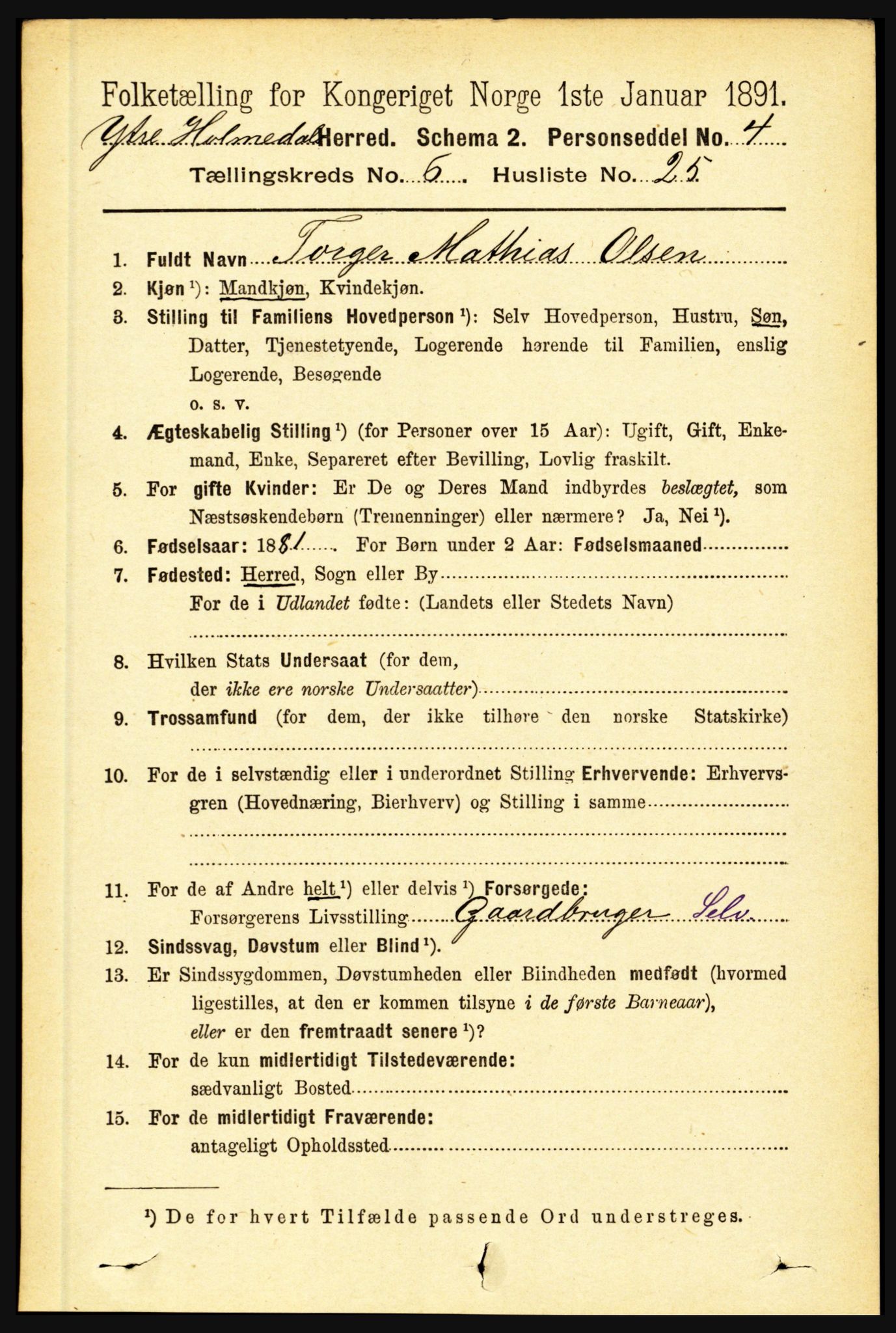 RA, 1891 census for 1429 Ytre Holmedal, 1891, p. 1454