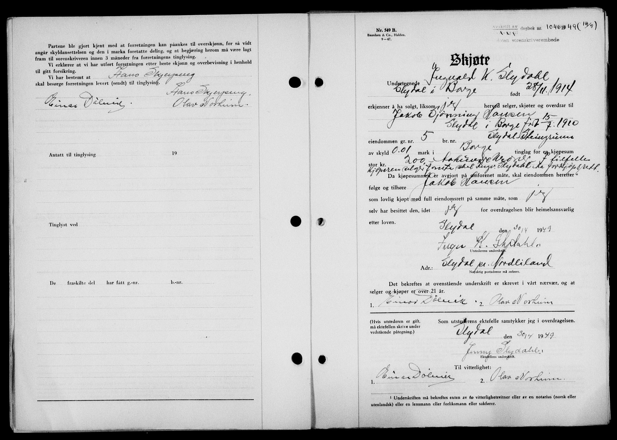 Lofoten sorenskriveri, SAT/A-0017/1/2/2C/L0020a: Mortgage book no. 20a, 1948-1949, Diary no: : 1046/1949