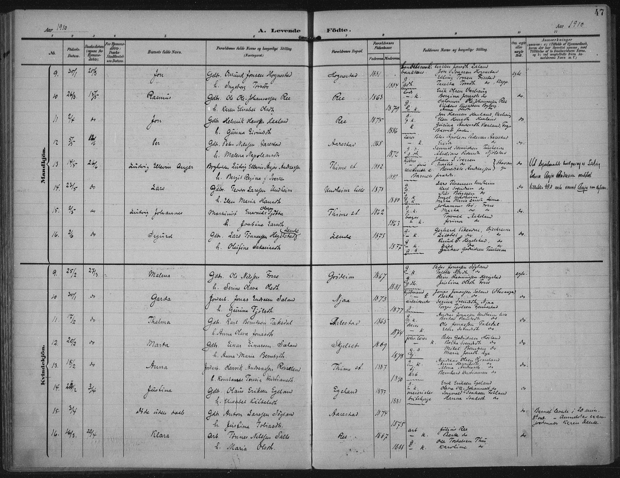 Lye sokneprestkontor, AV/SAST-A-101794/002/A/L0001: Parish register (official) no. A 12, 1904-1920, p. 47